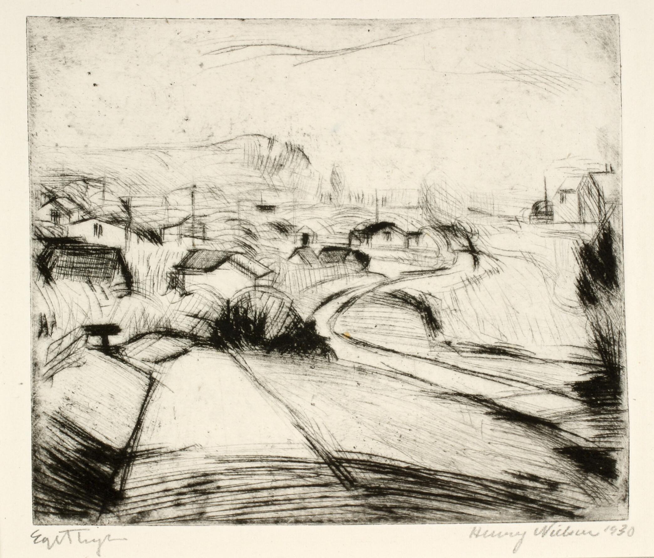 Landskab med vej og huse