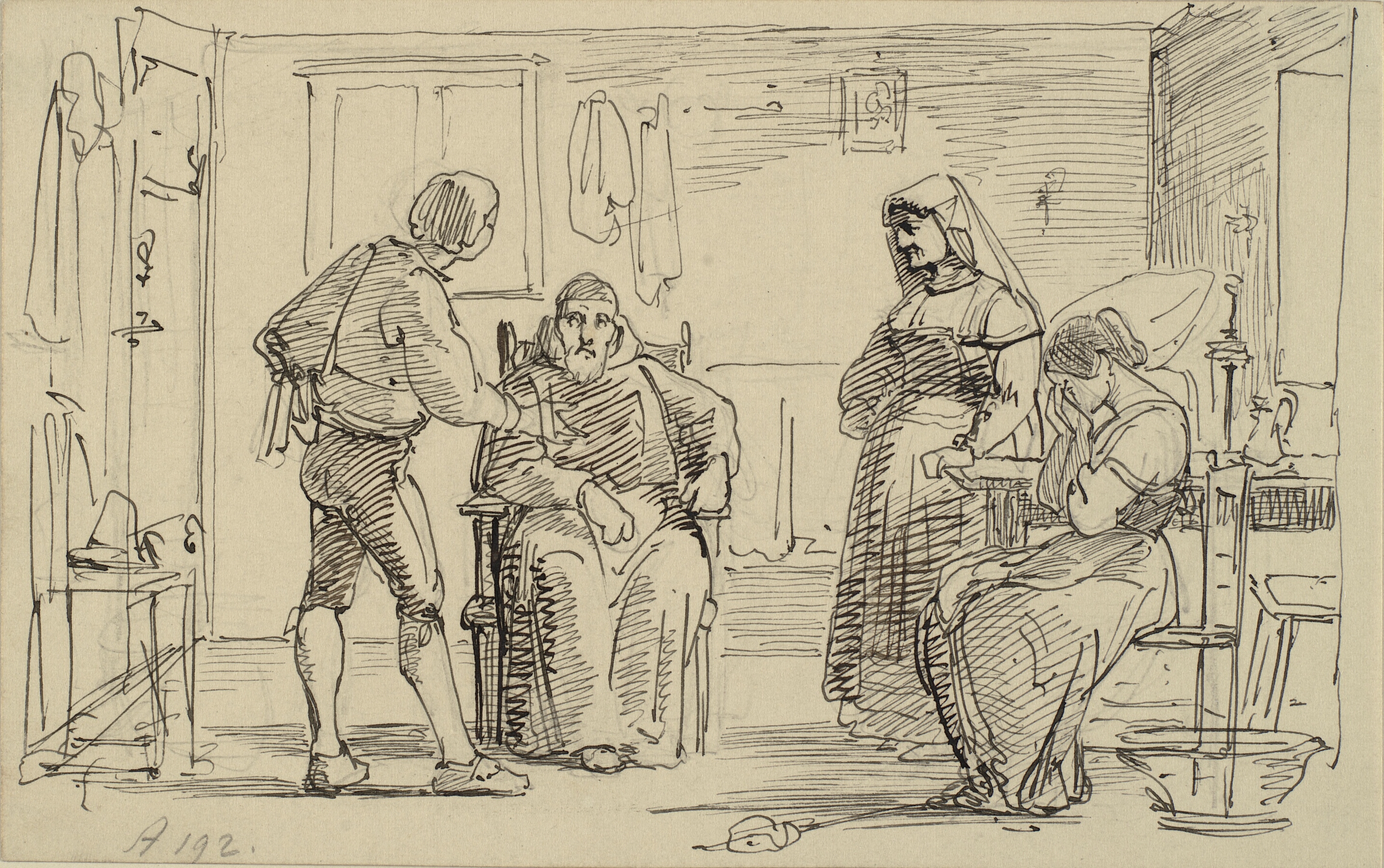 Interiør hvor en ung mand forklarer en siddende munk noget, t.h. grædende pige og gammel kone