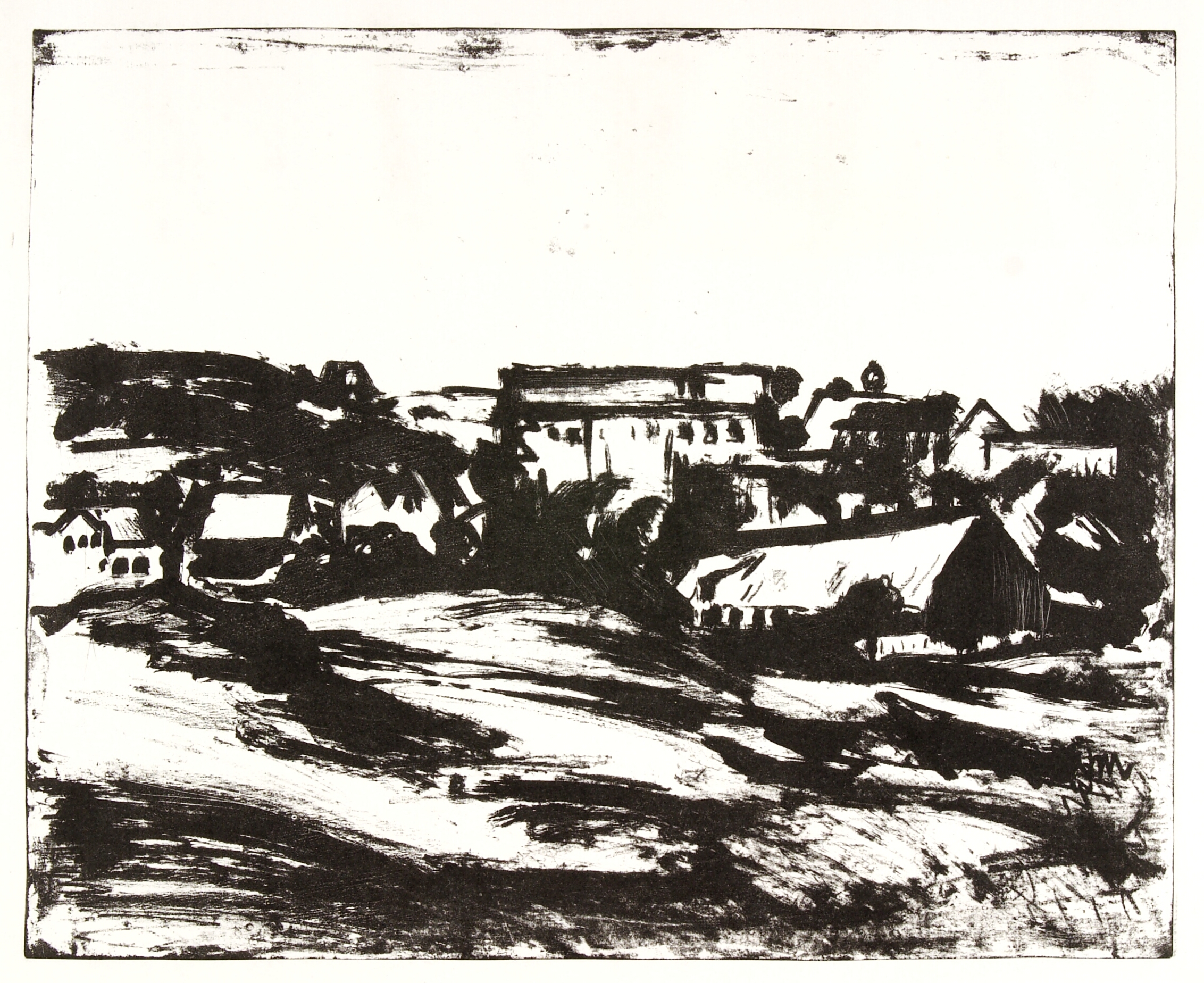 Bakket landskab med huse