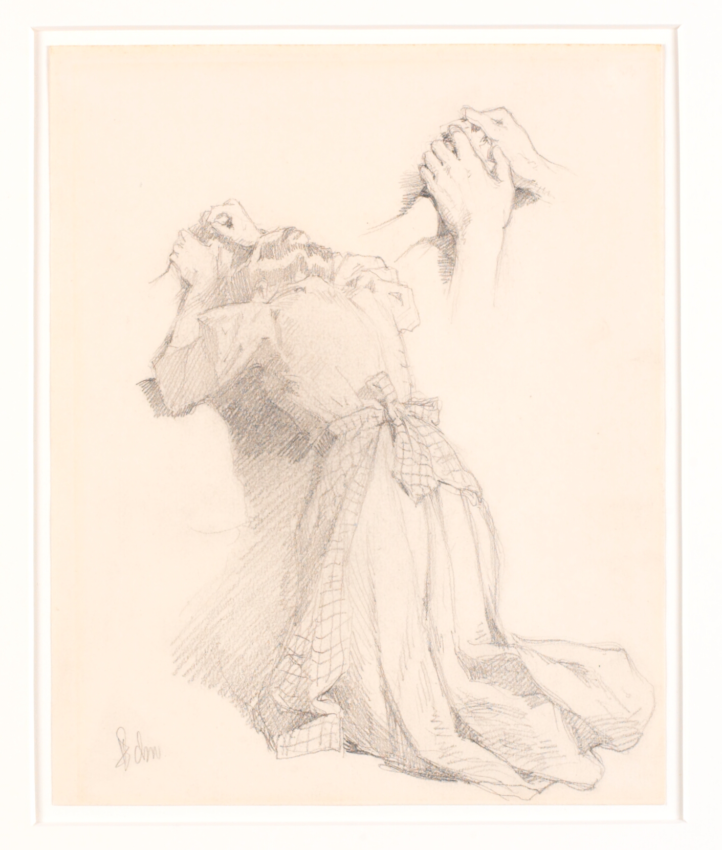 Knælende ung kvinde set fra ryggen og studie af hænder