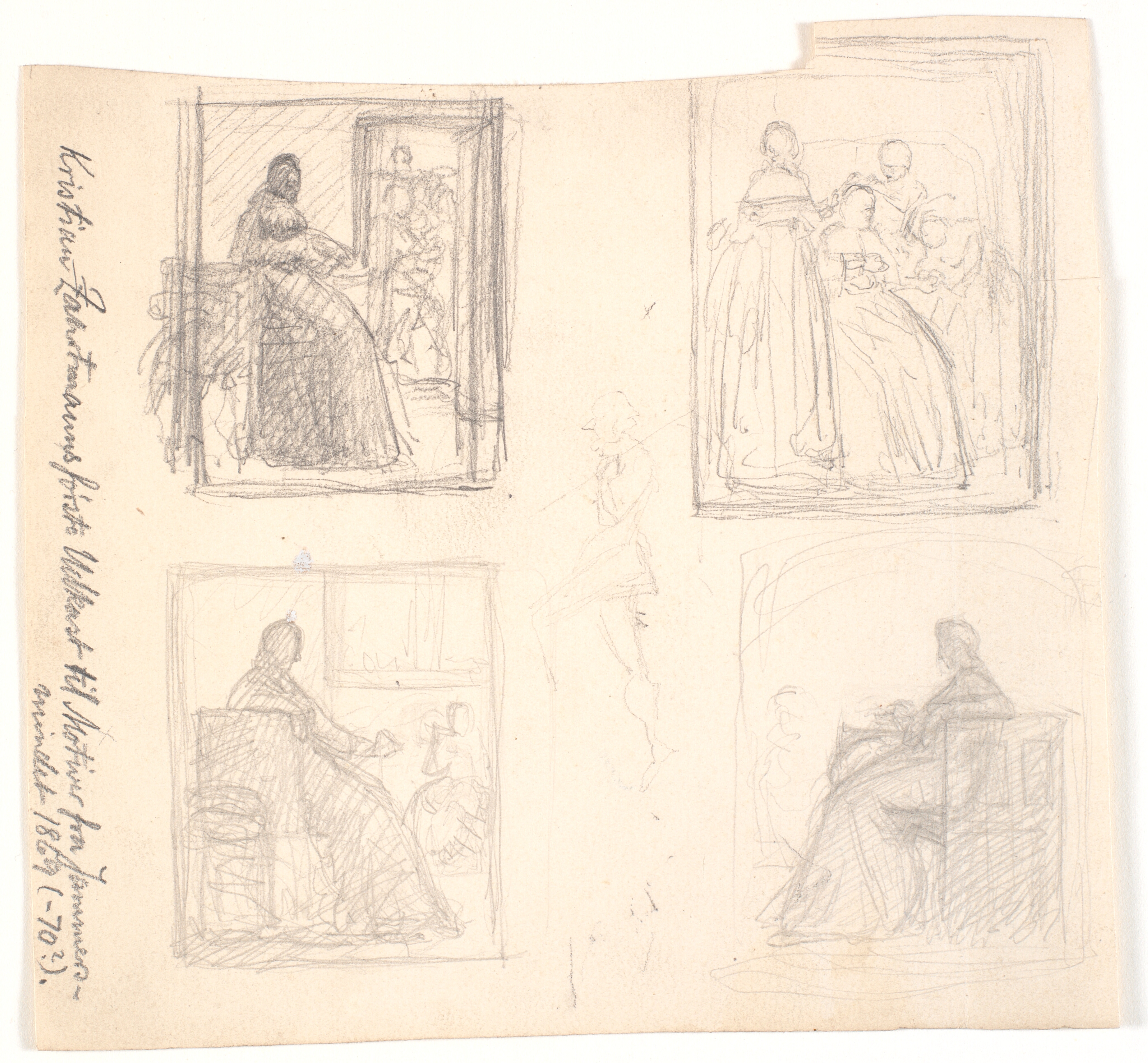 Blad med fire indrammede udkast til første Leonora Christine billeder (1869-70). I midten et figurrids