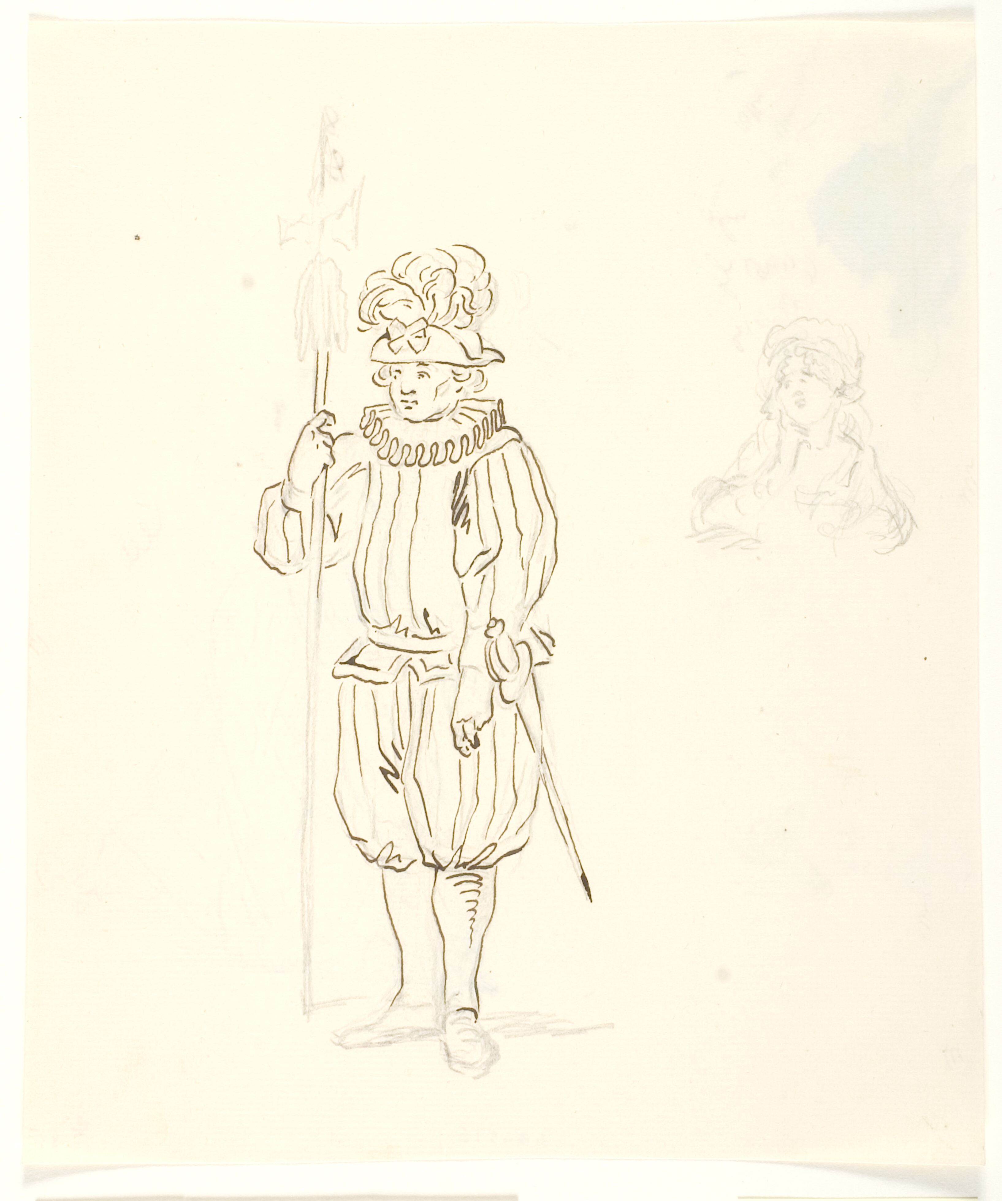 Stående soldat med lanse samt skitse af kvindehoved