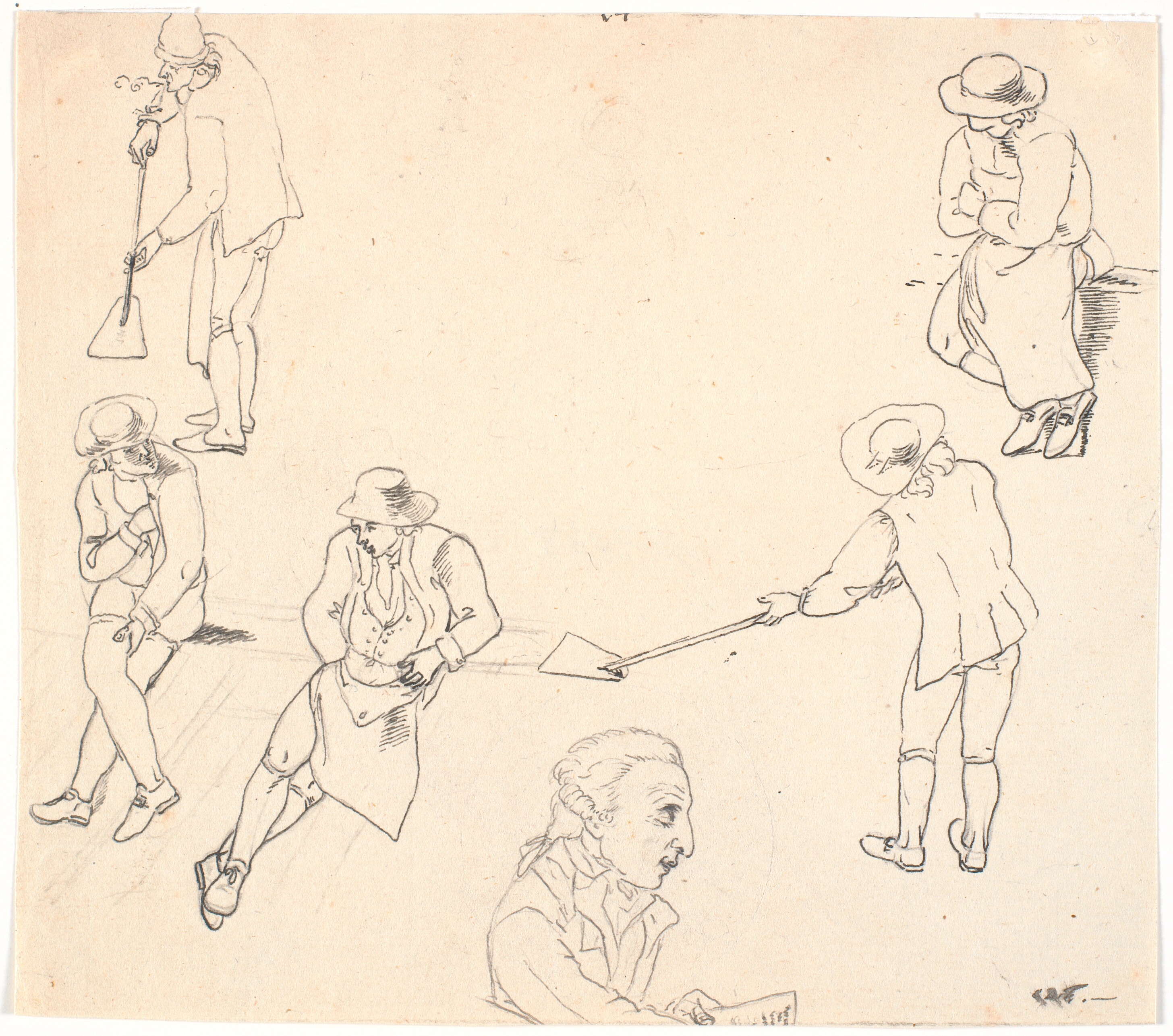 Skitse med seks mandlige figurer, to med skovle, tre siddende, samt en mandsprofil