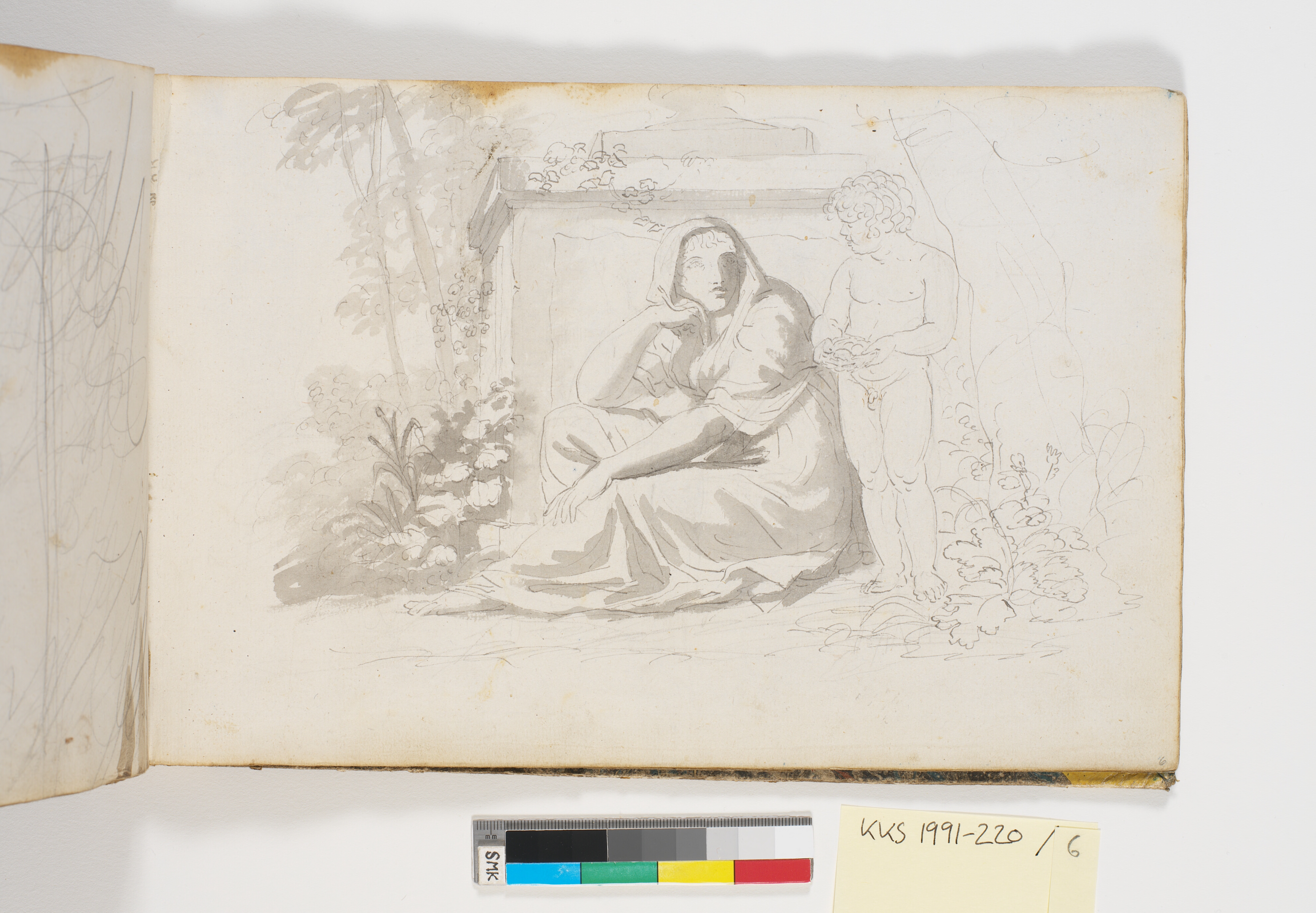 Kvinde der sørger ved en grav og en stående putti