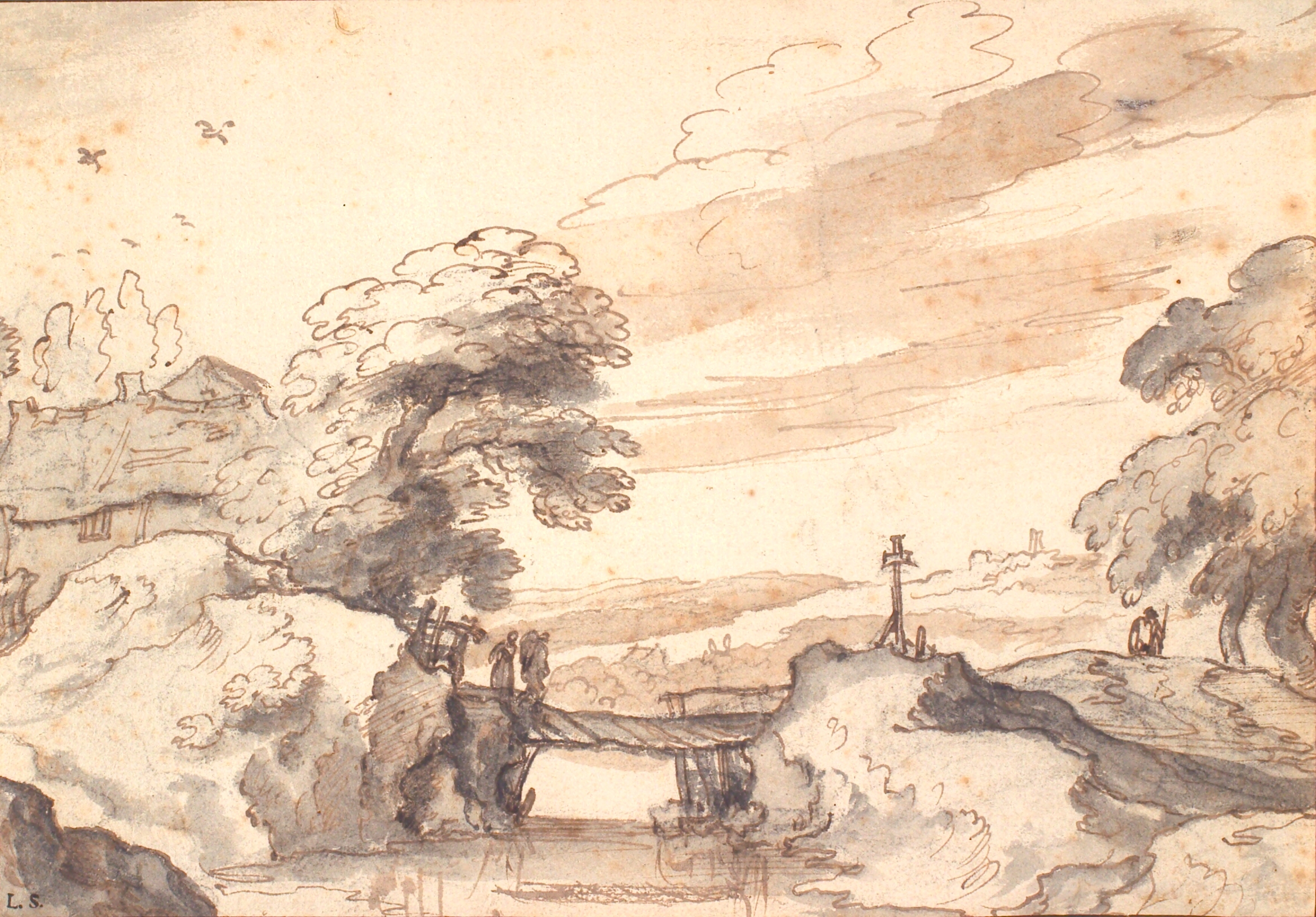 Landskab med en gammel bro over en bæk