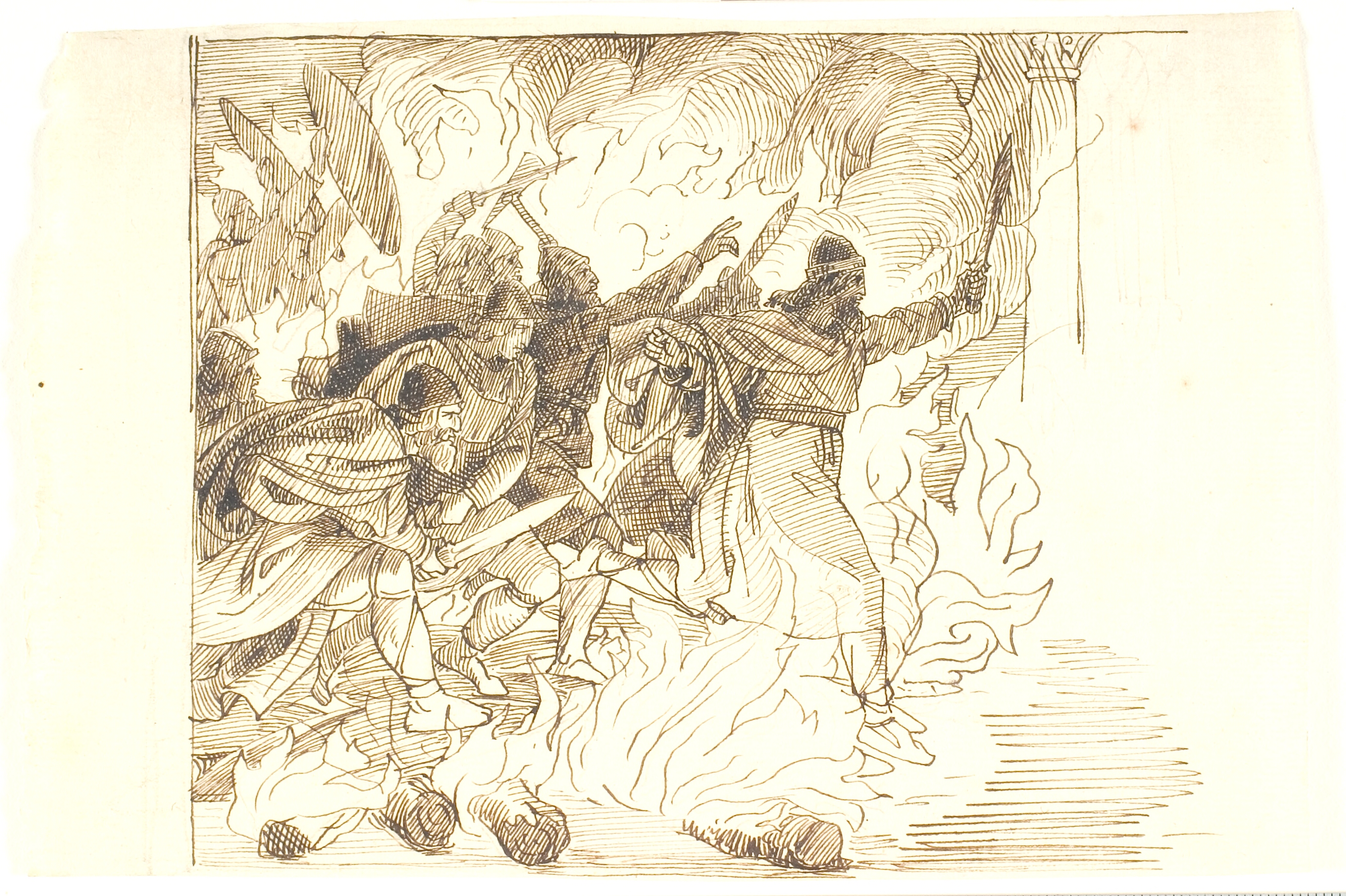 Skitse til Rolf Krake springer igennem ilden