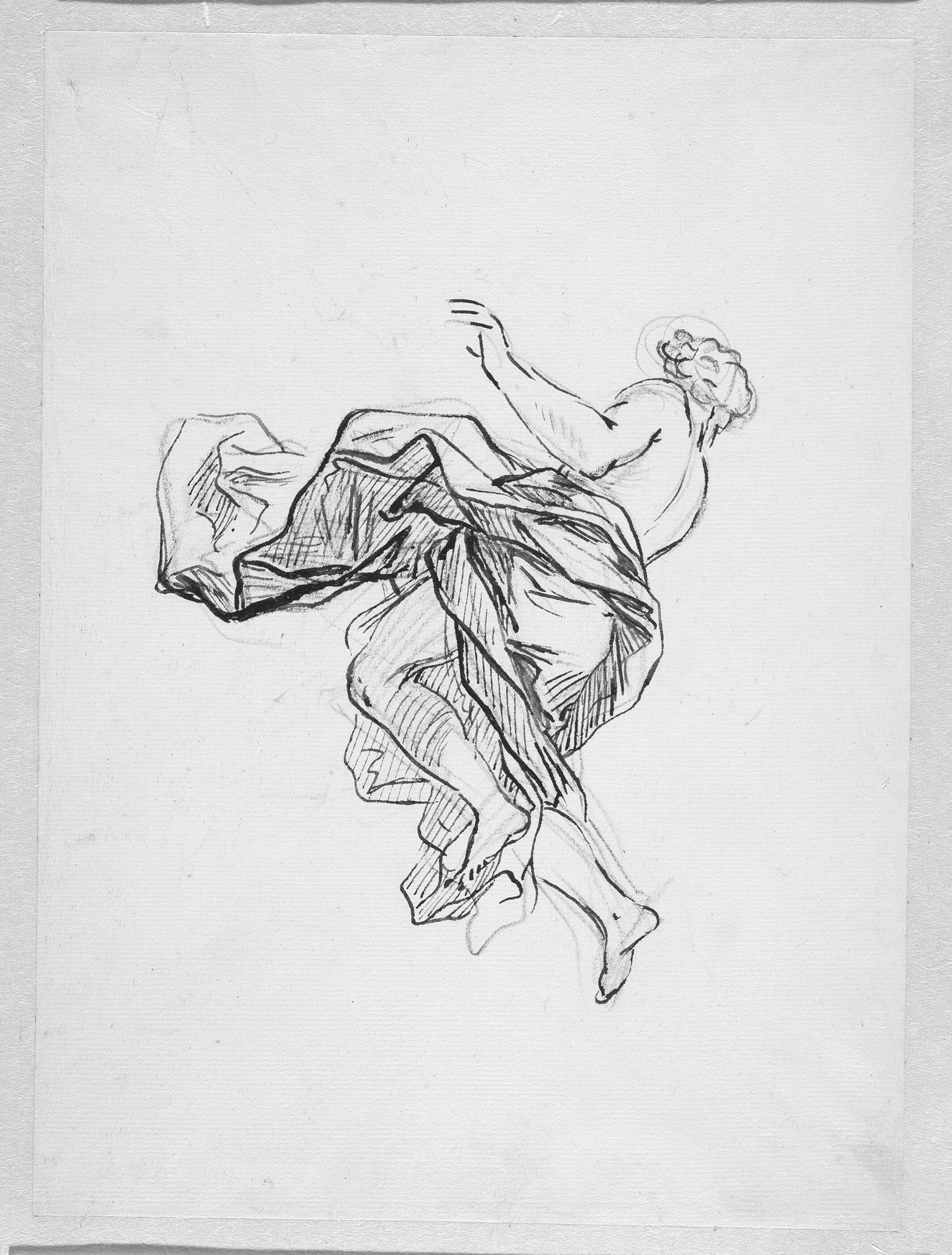 Flyvende figur med en flagrende kappe set bagfra