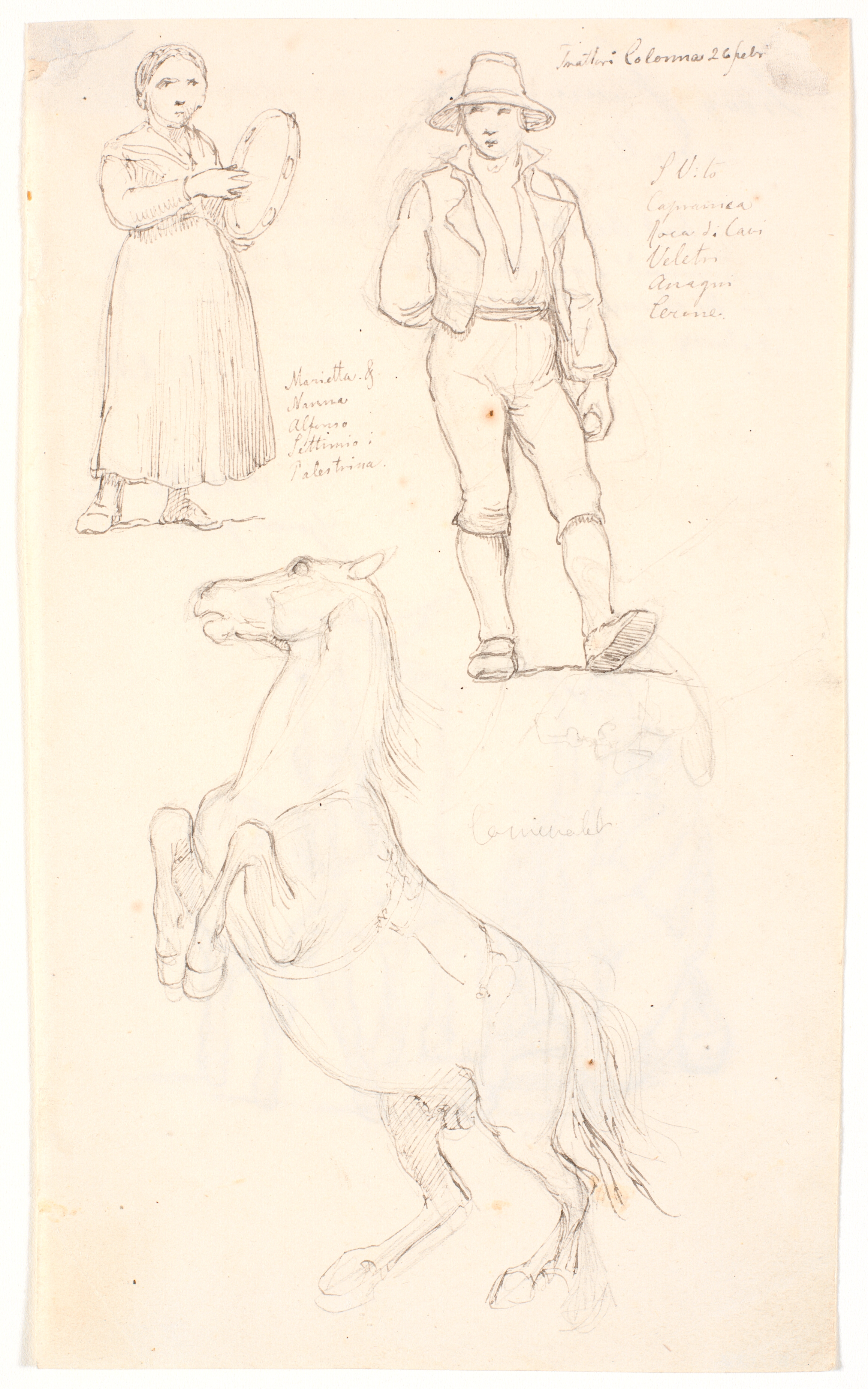 Pige med tamburin, ung stående mand og stejlende hest