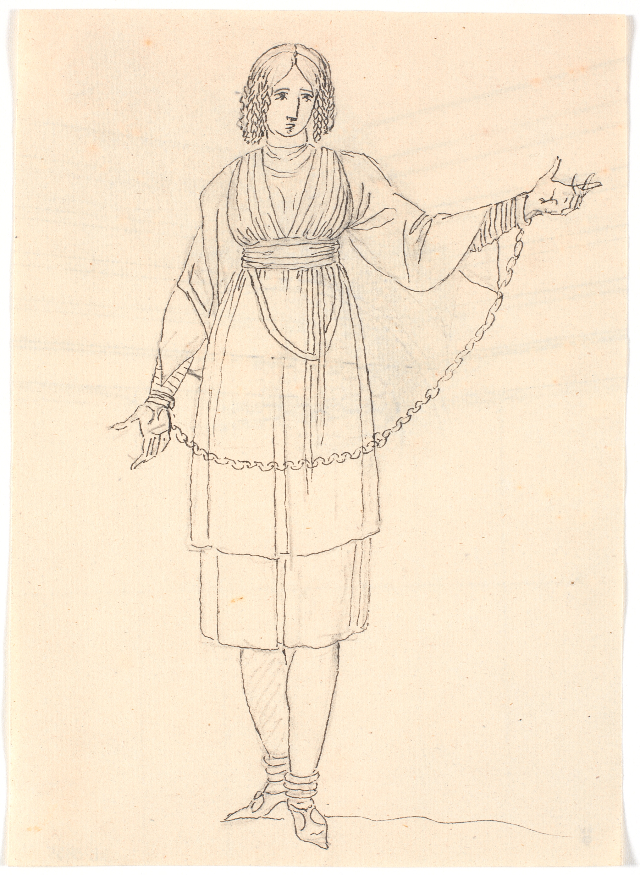 Udkast til en kvindedragt. En lænke forbinder hendes arme