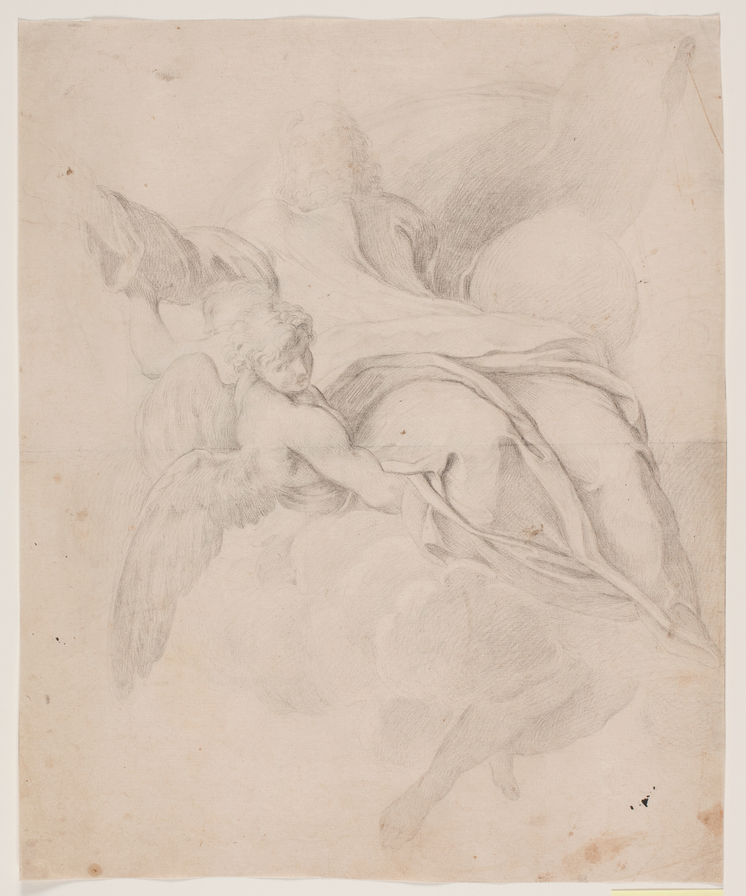 Gudfader og verdenskuglen, båret af engle.