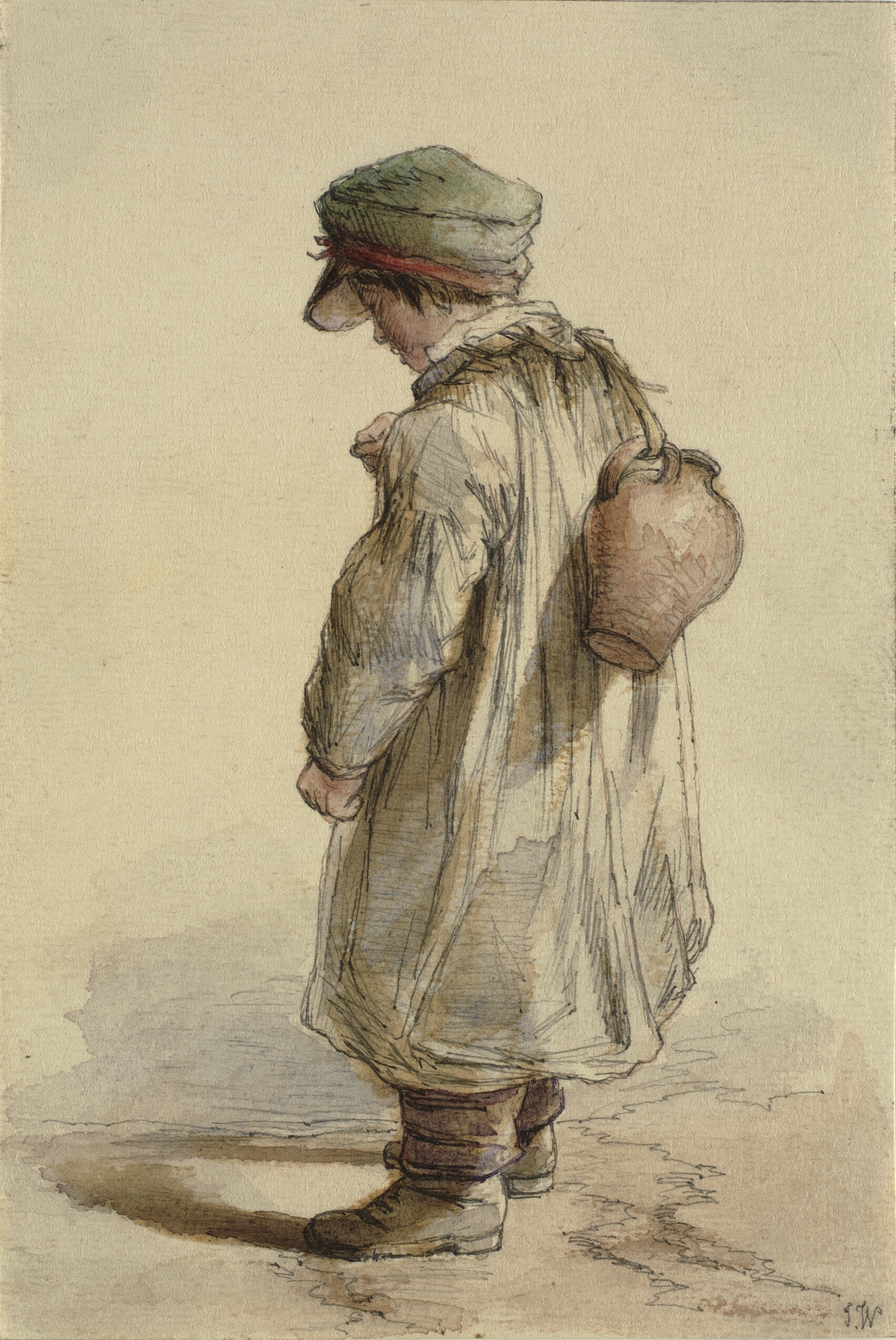 Bondedreng med krukke på ryggen