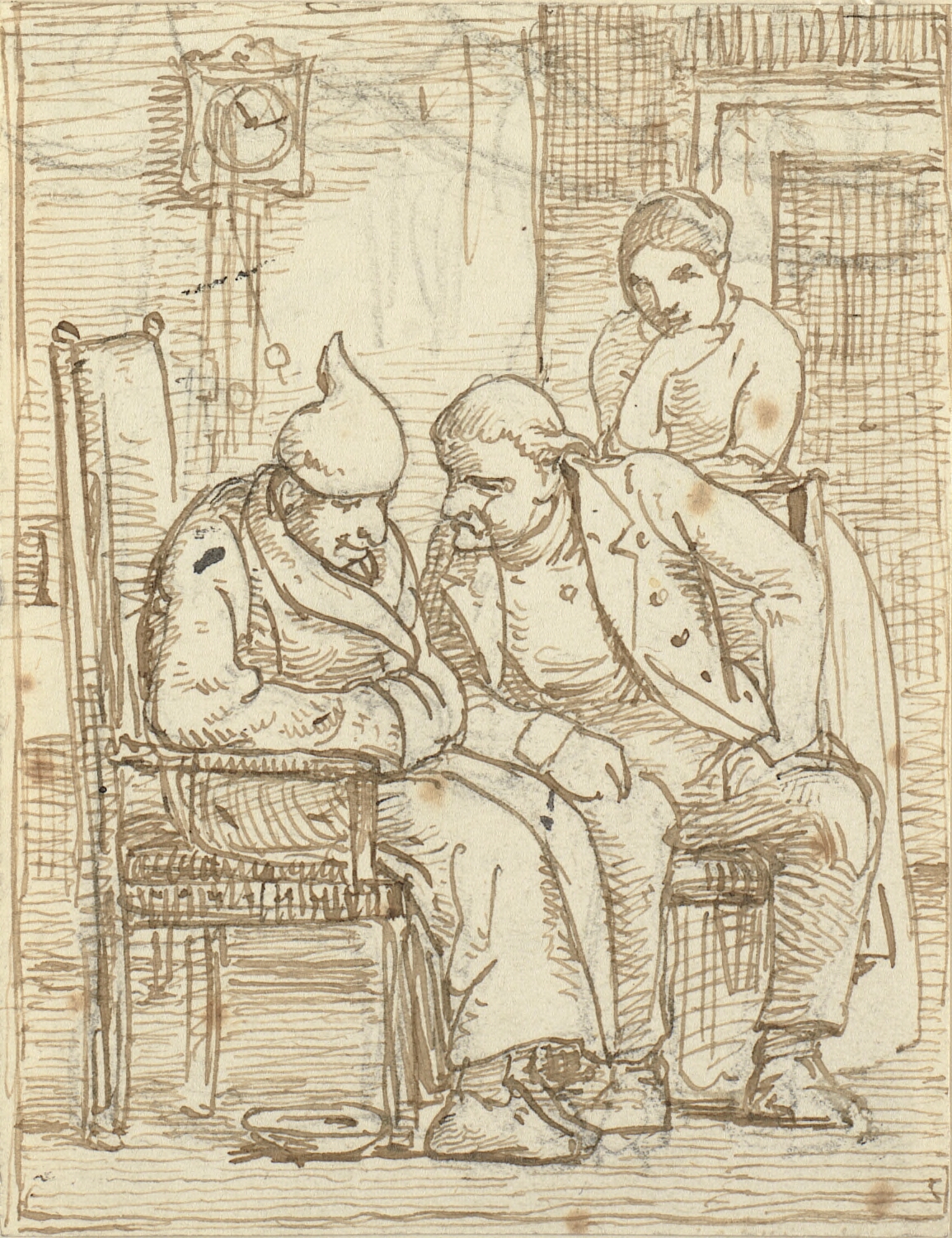 To mænd i samtale, den gamle t.v. med nathue. Desuden en kvinde