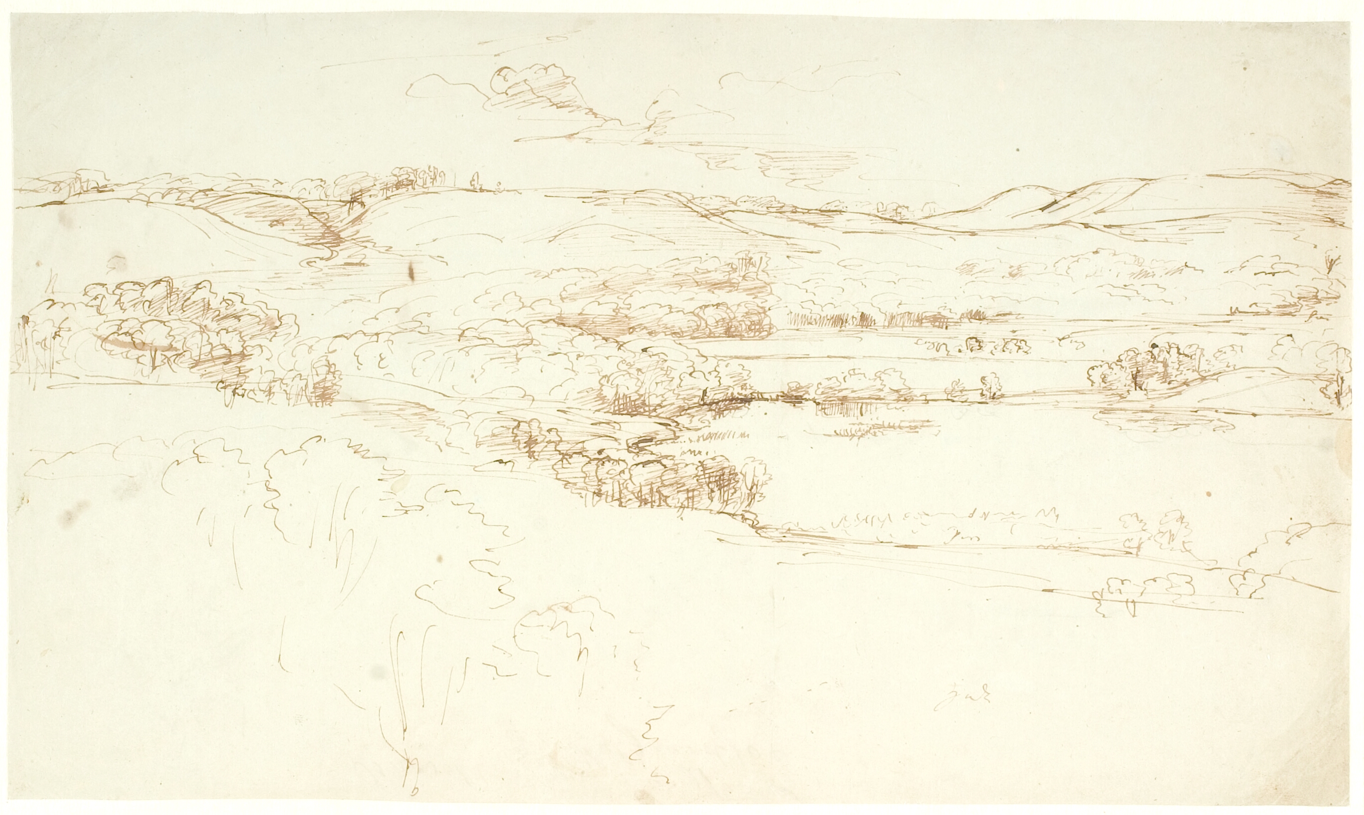 Landskab med en sø i forgrunden, i baggrunden store nøgne bakker