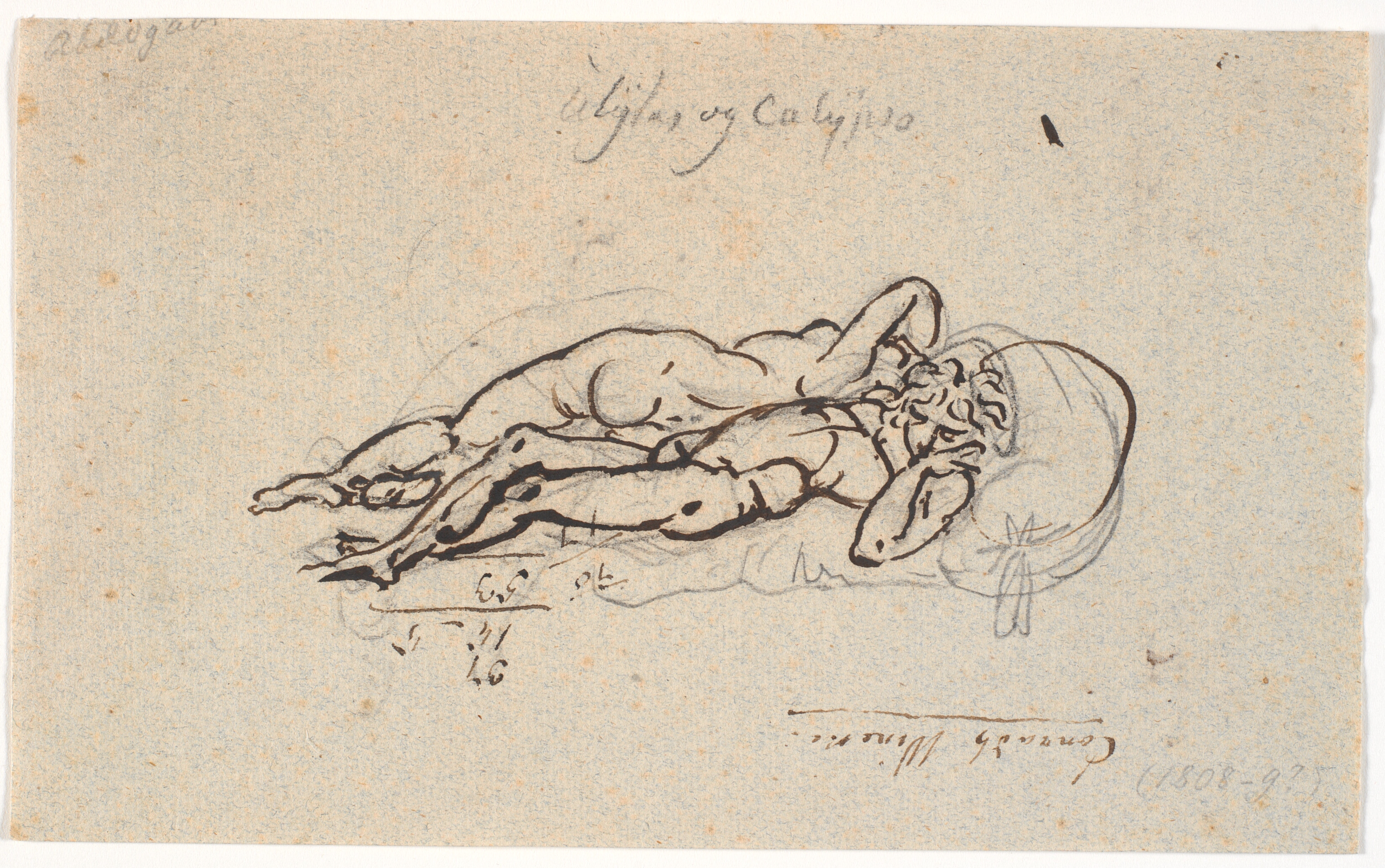 Odysseus og Kalypso, liggende nøgne på et leje