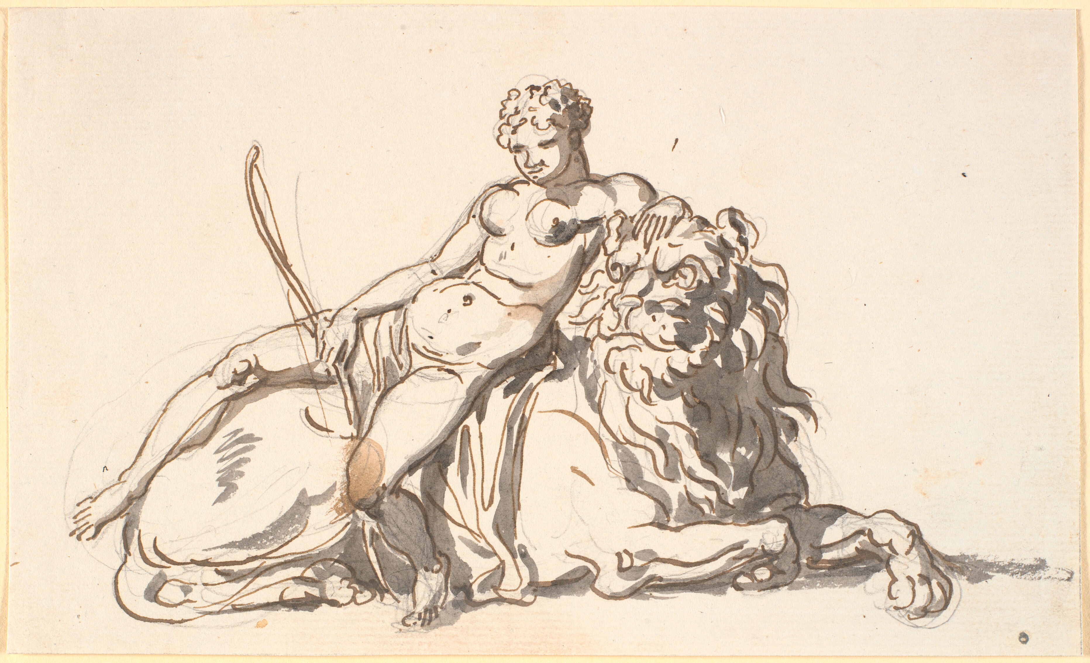 En sort afrikansk kvinde, hvilende på en løve. Allegori på Afrika