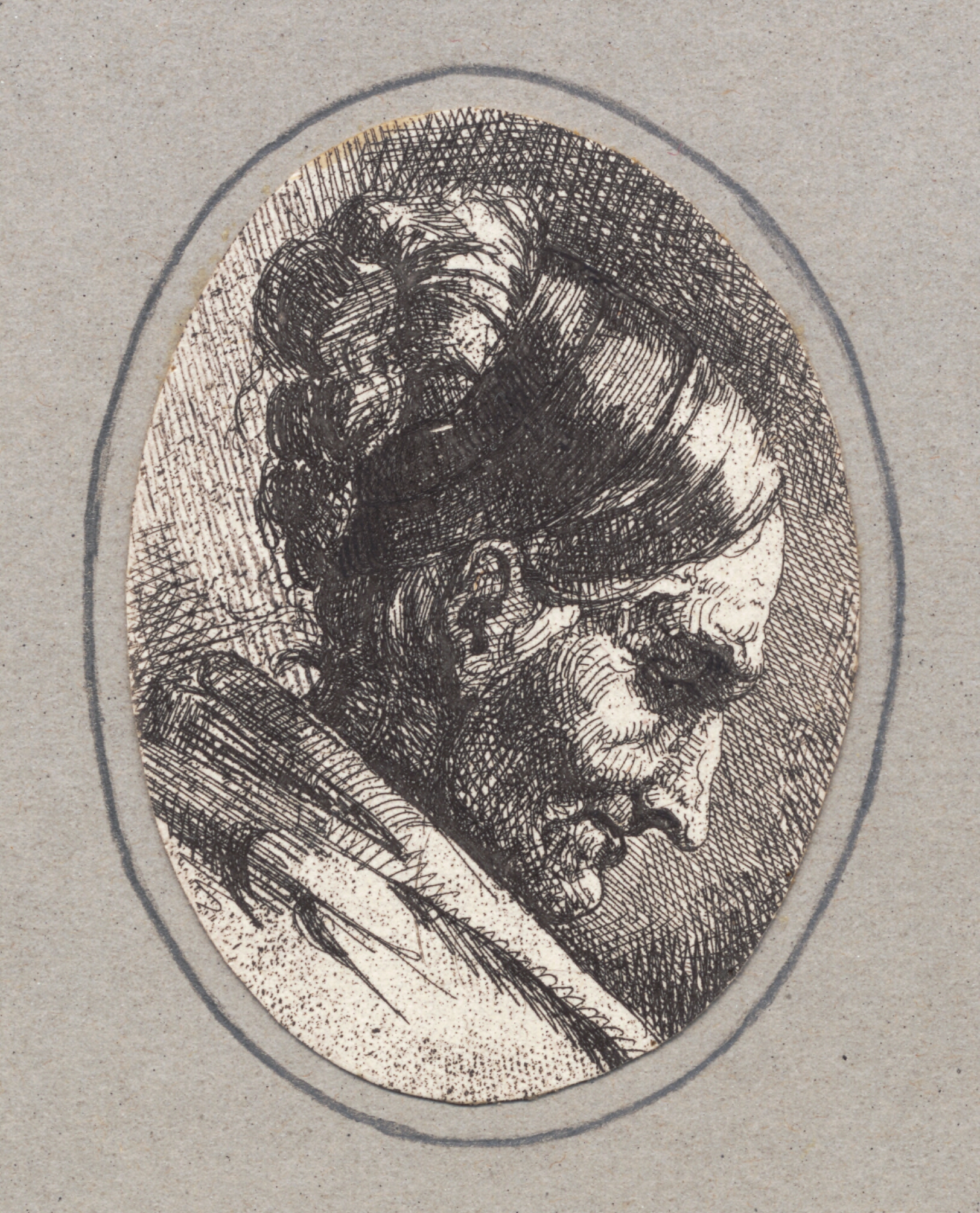 Hoved af en gammel kone, profil mod højre