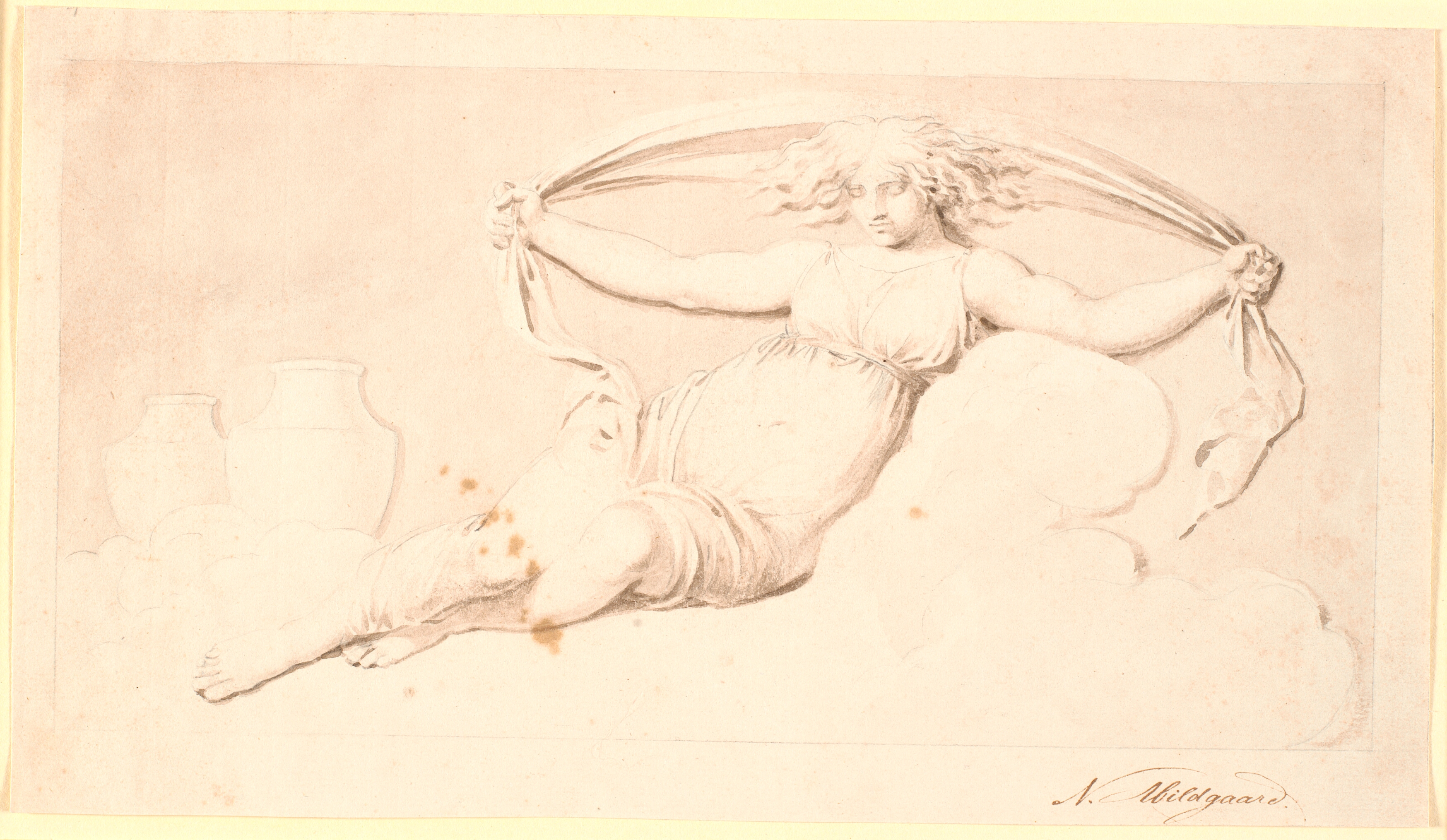 Natten, en hvilende kvindefigur. Udført som grisaille. Samme komposition som Td 542,38 dog uden vinger og med udslået hår