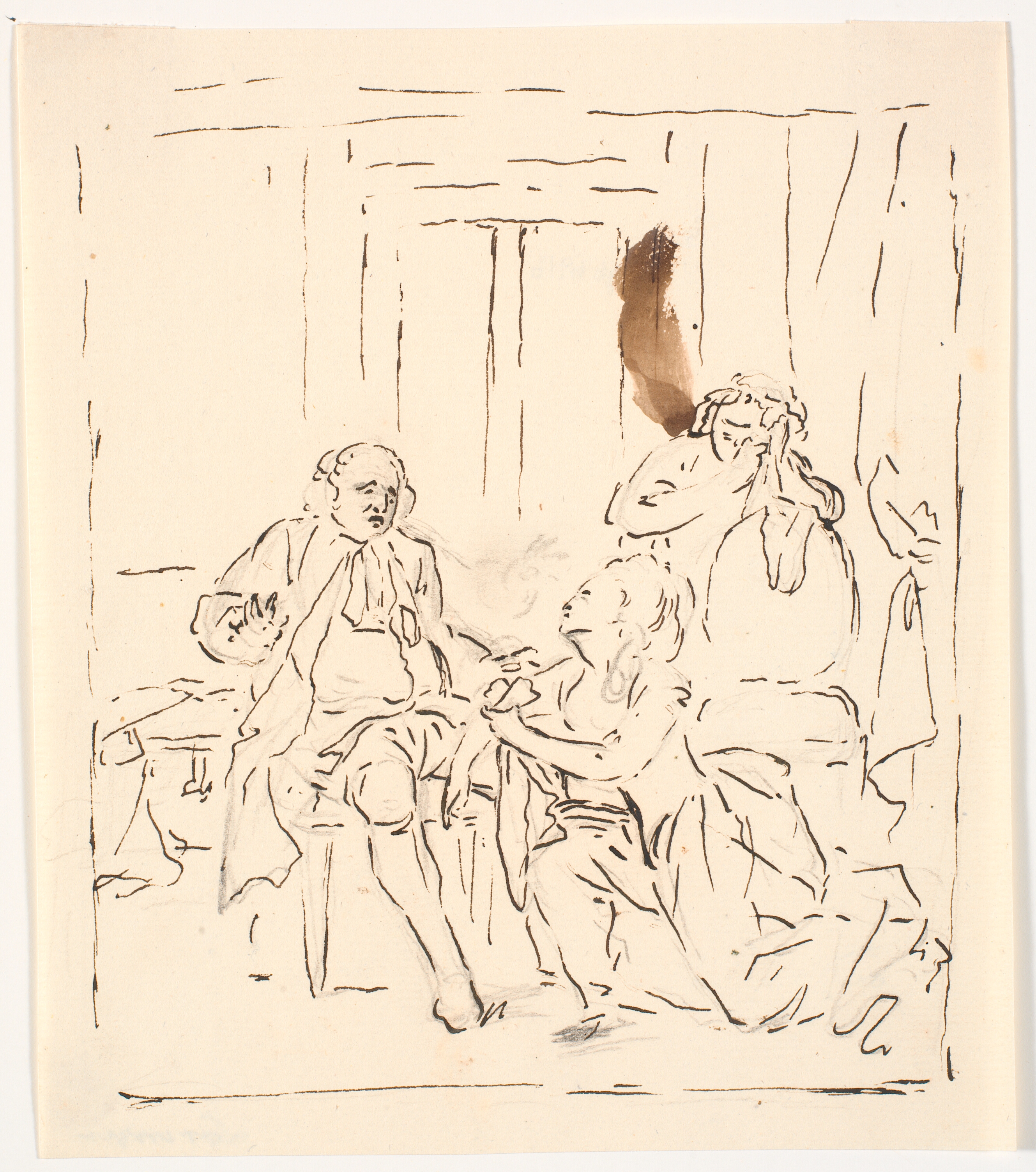 En kvinde knæler for en siddende mand. I baggrunden en grædende kvinde, der støtter sig til en stol. Teaterscene?