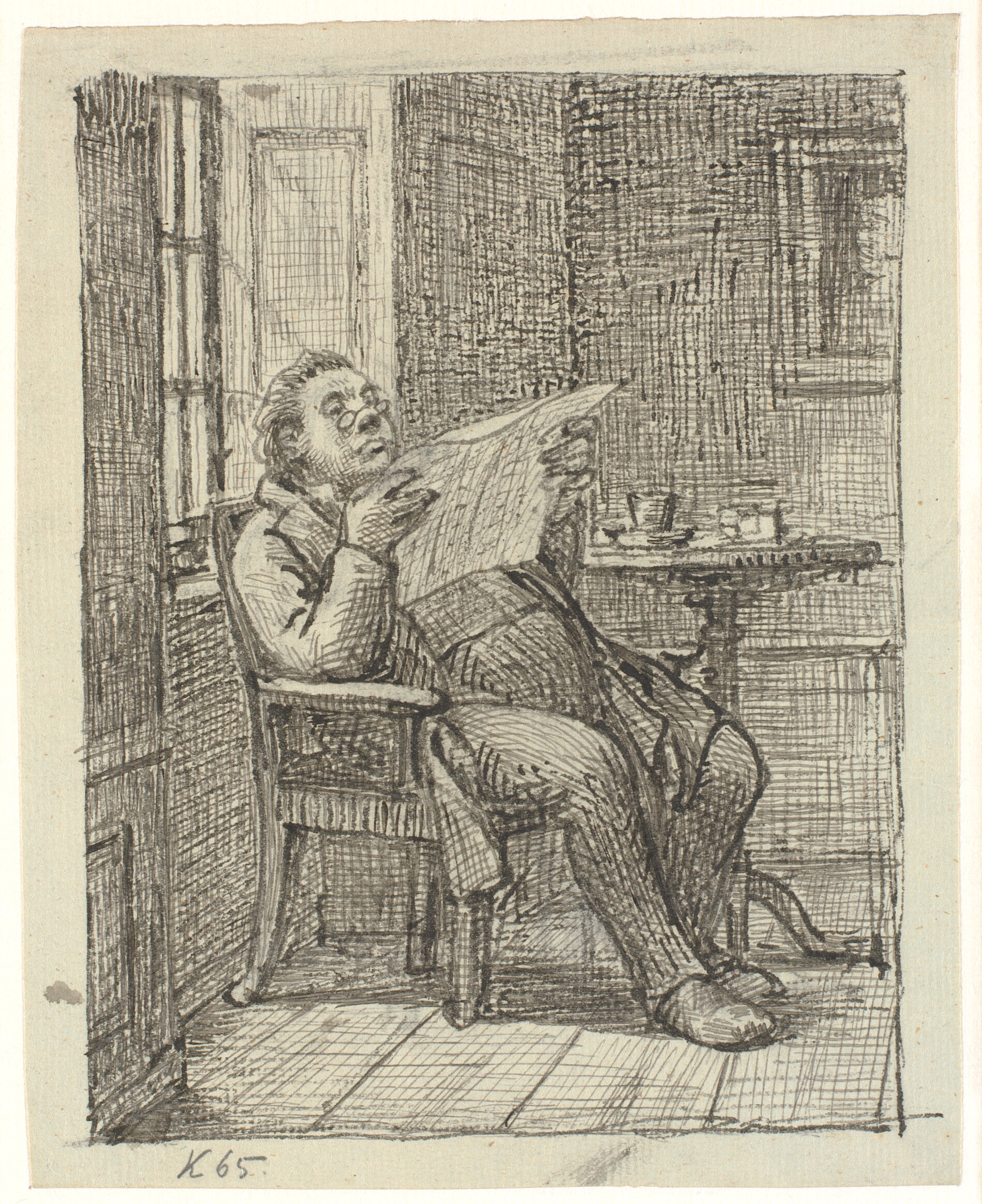 En tyk avislæsende herre med sin kaffe