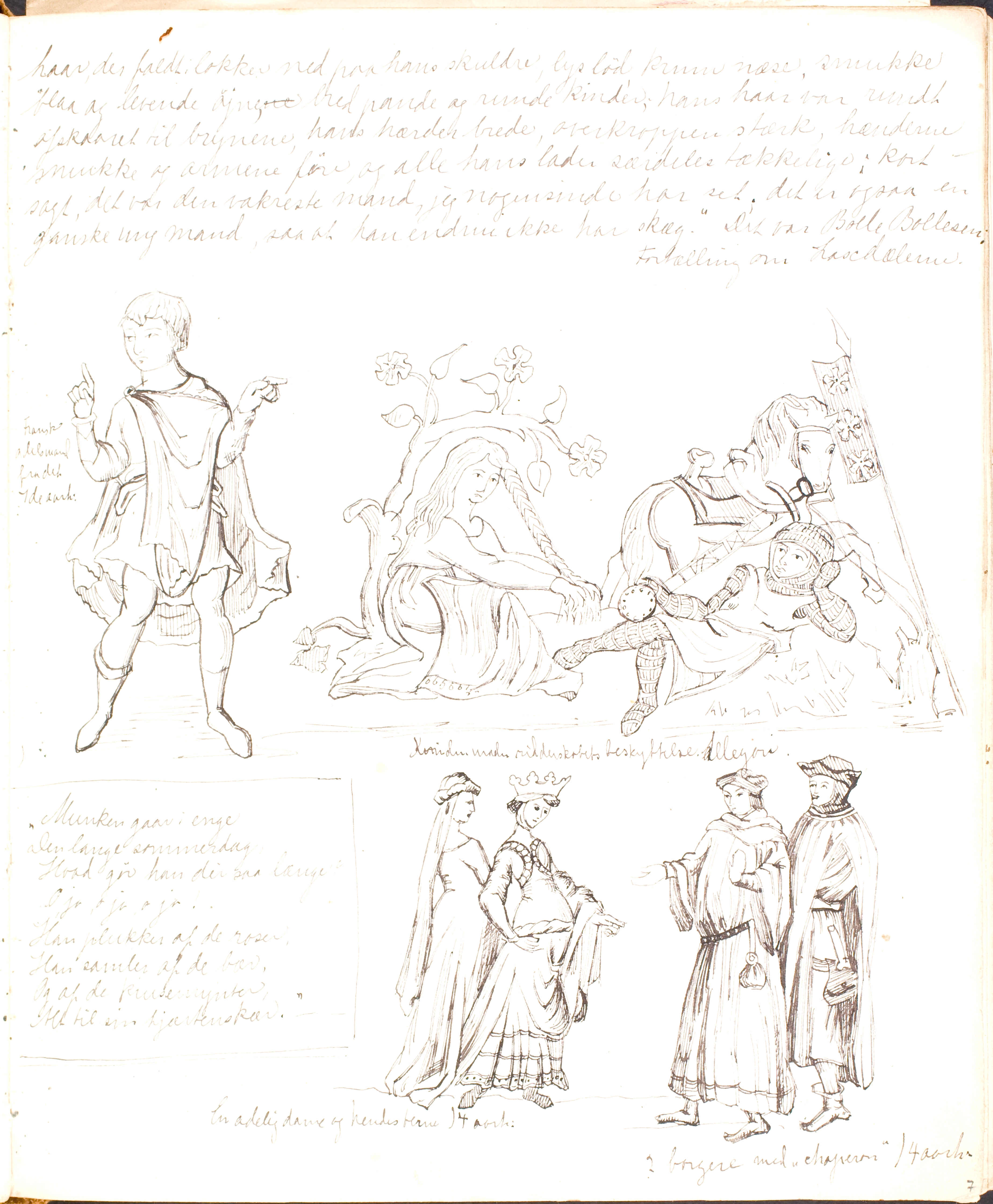 Diverse noter samt skitser af figurer og mennesker i middelalderdragter