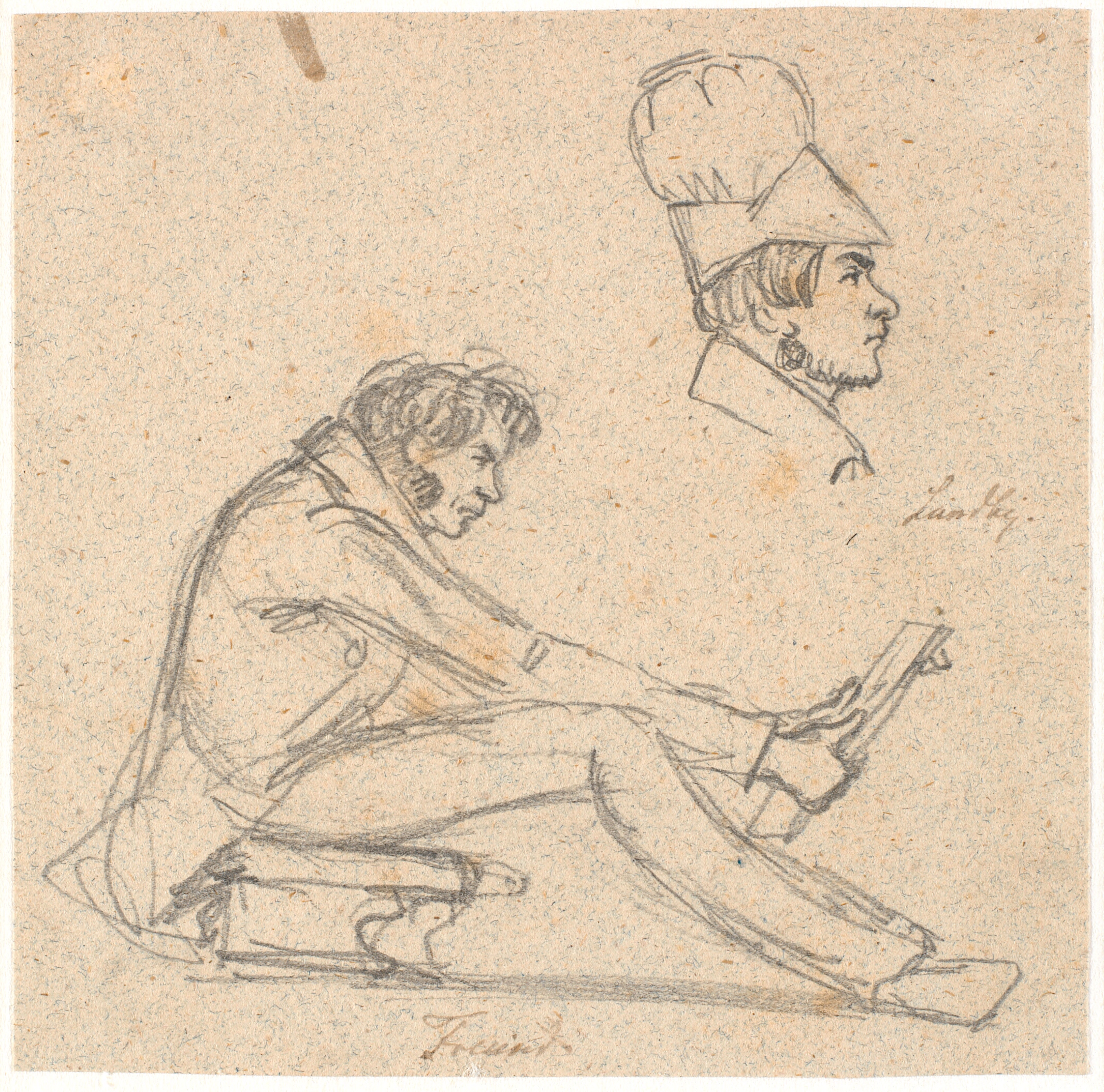 H.E. Freund siddende på en skammel og betragtende en tegning. Foroven t.h. profil portræt af J. Th. Lundbye.