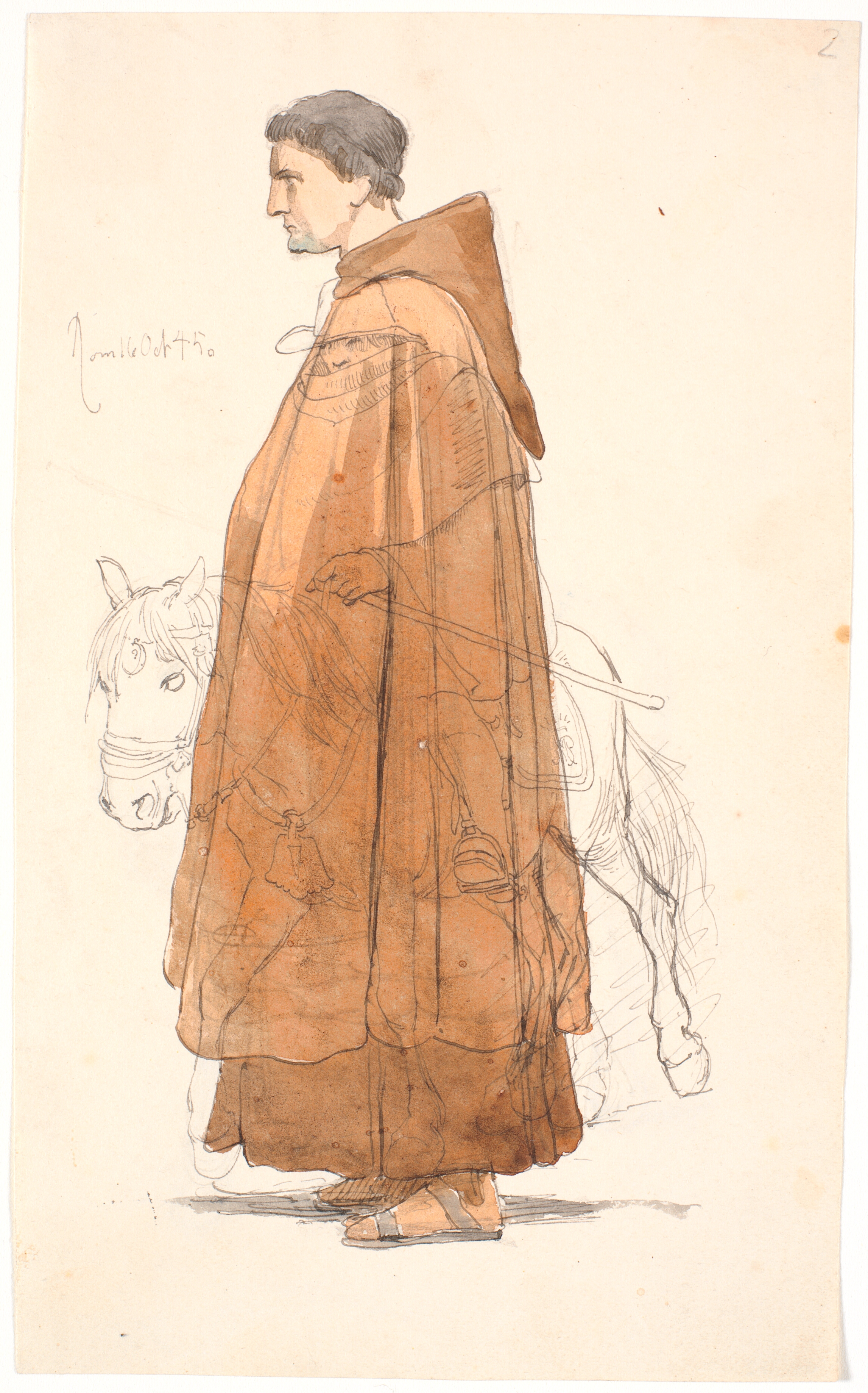 Ung franciskanermunk, stående i profil, ovenpå er der tegnet en ridende campagnol