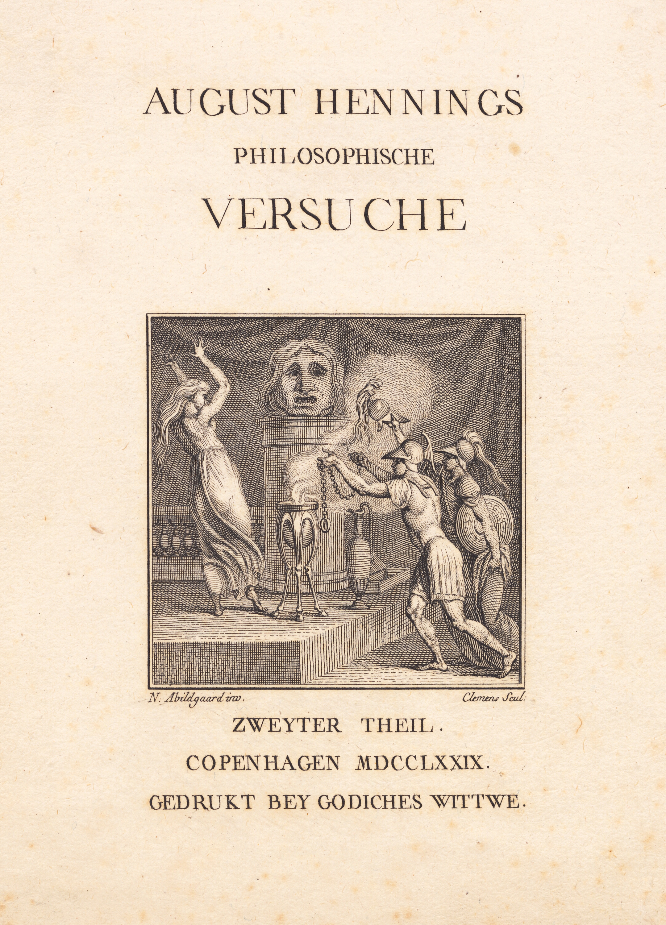 Titelblad med vignet forestillende to krigere, som bringer en hjelm frem mod et alter