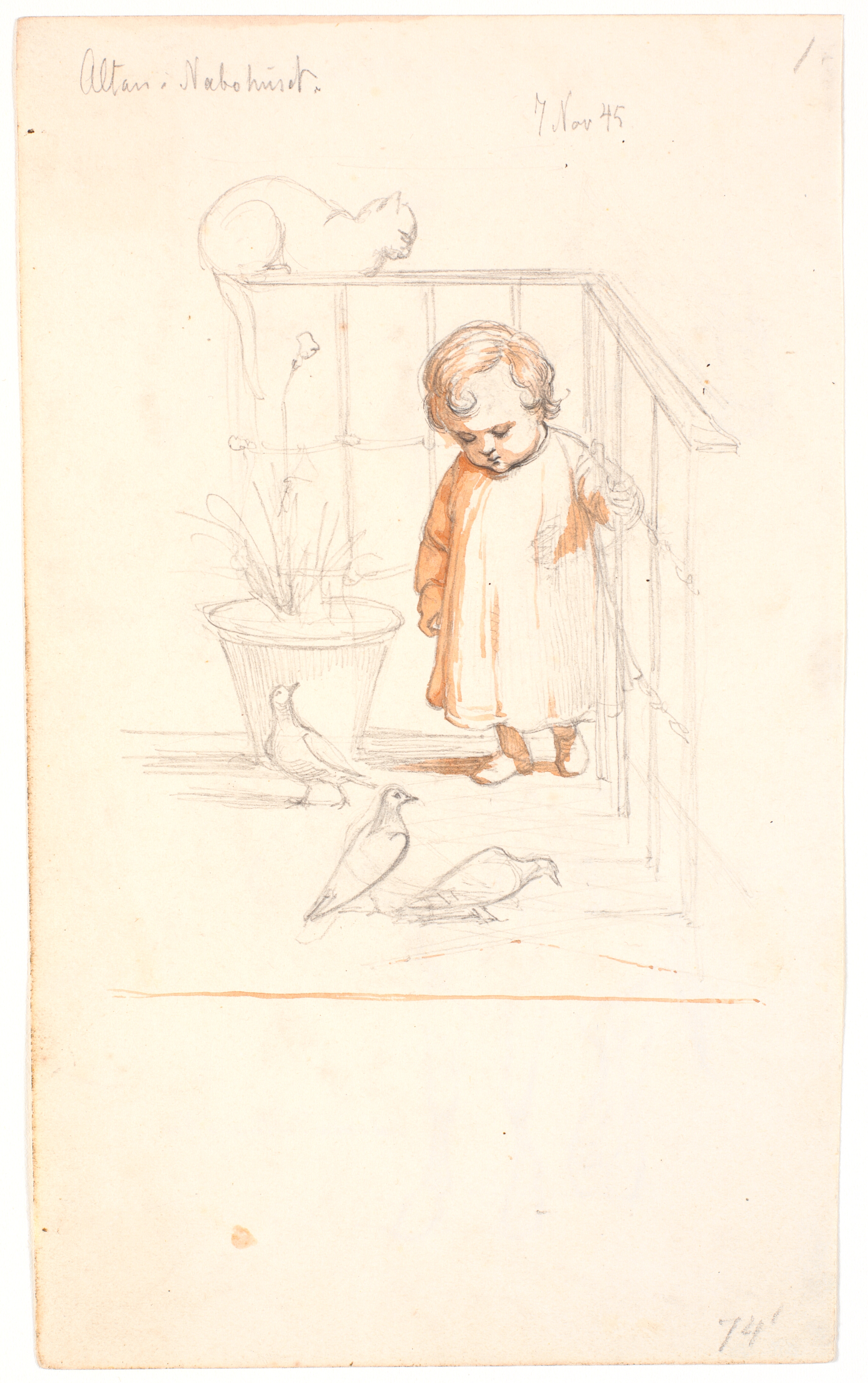 Scene på en altan. Lille dreng, der betragter nogle duer. På gelænderet i baggrunden en sammenrullet kat