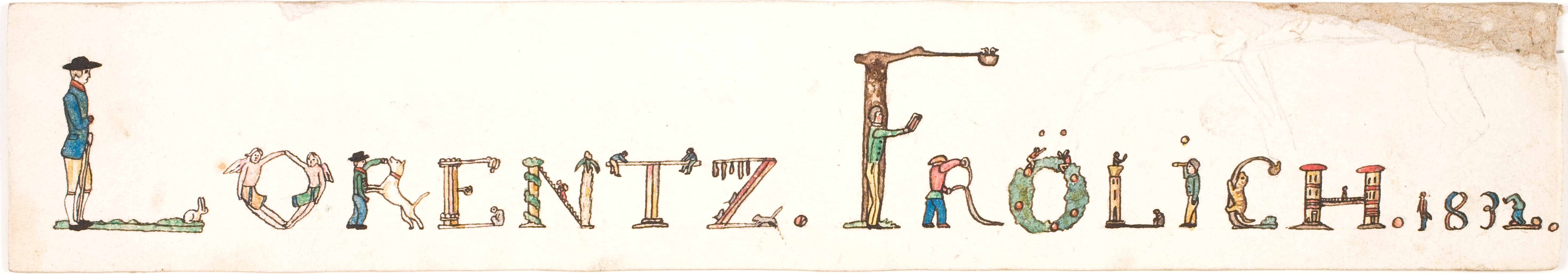 Navneskilt med Lorenz Frølichs navn. Bogstaverne består af små figurer.
