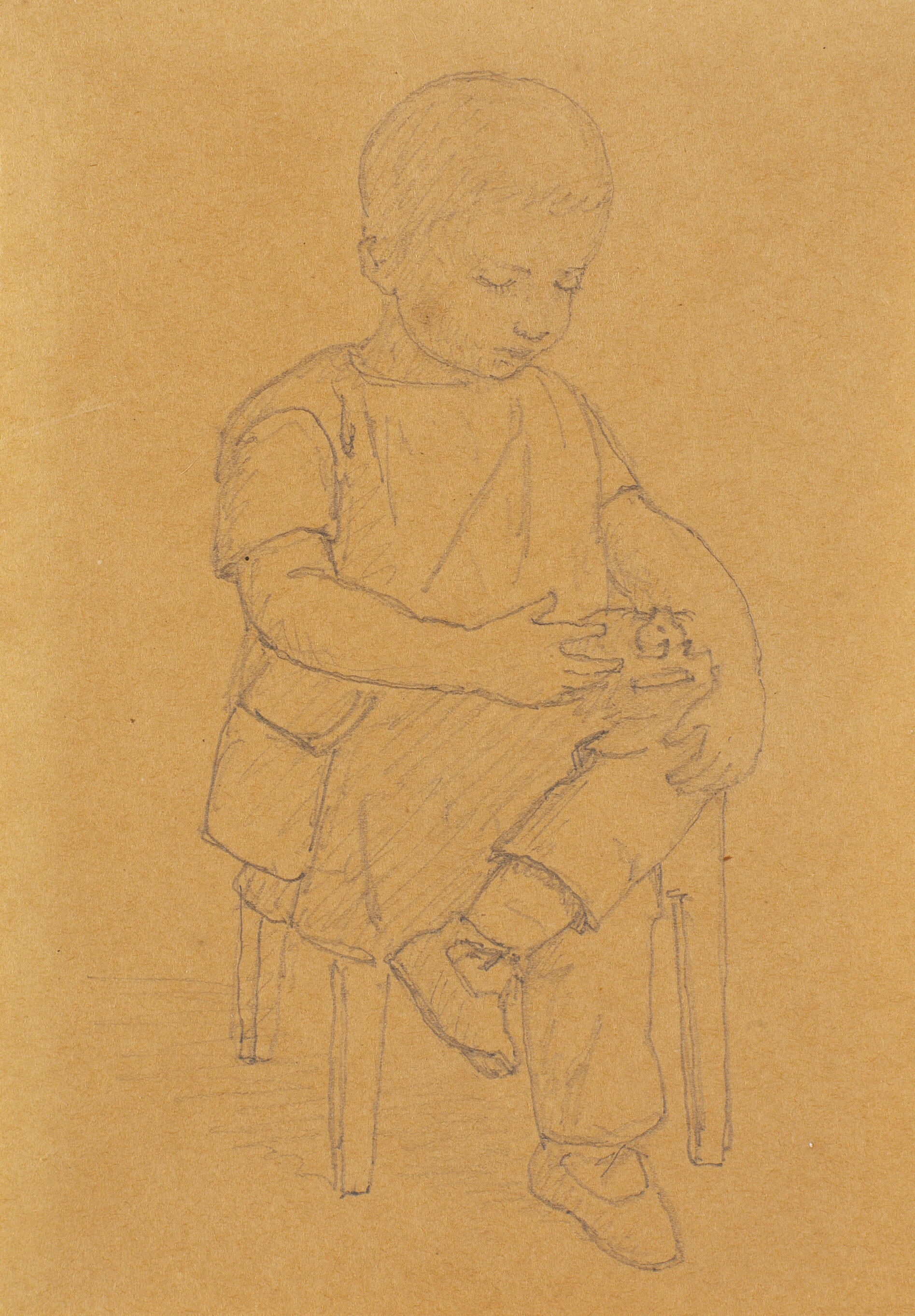 Kunstnerens søn Peter, hel figur, siddende med et dyr eller et stykke legetøj