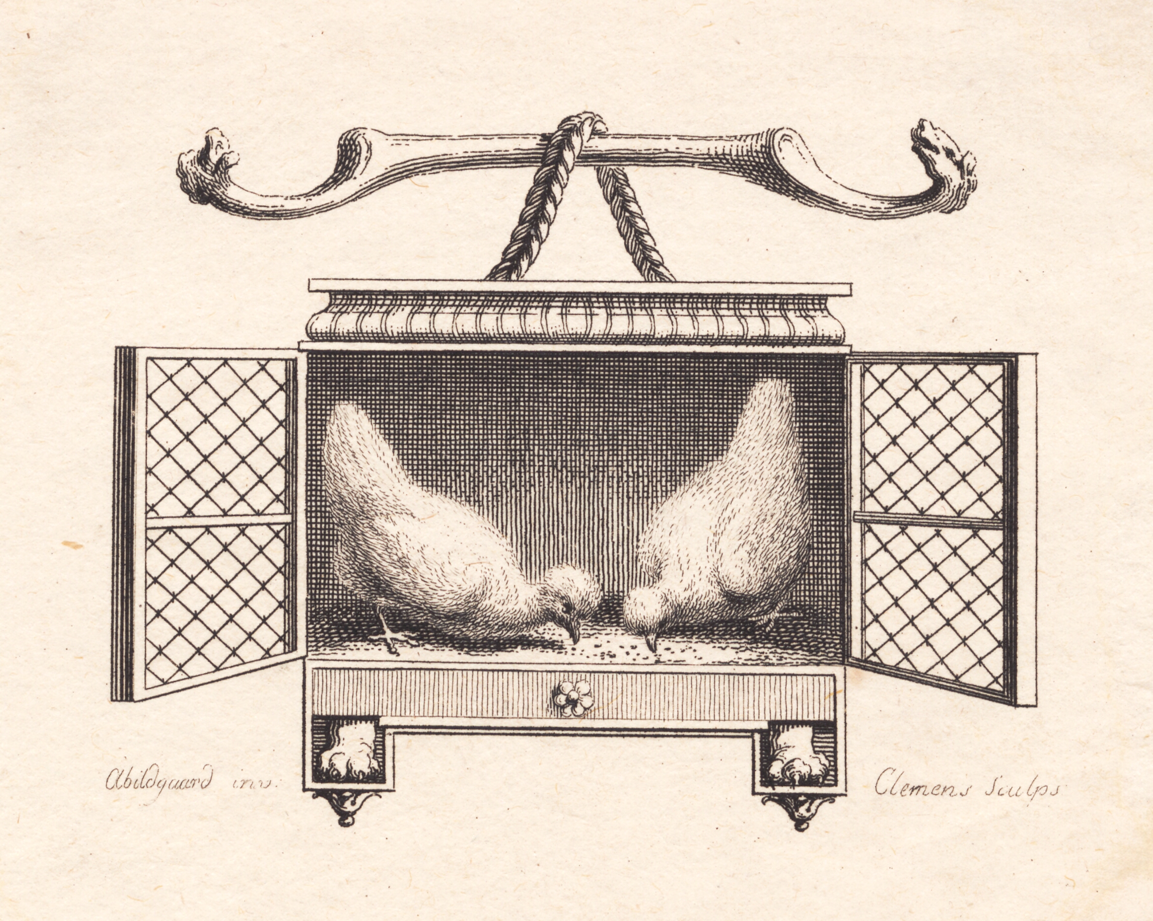 Vignet fremstillende to høns, der pikker korn op