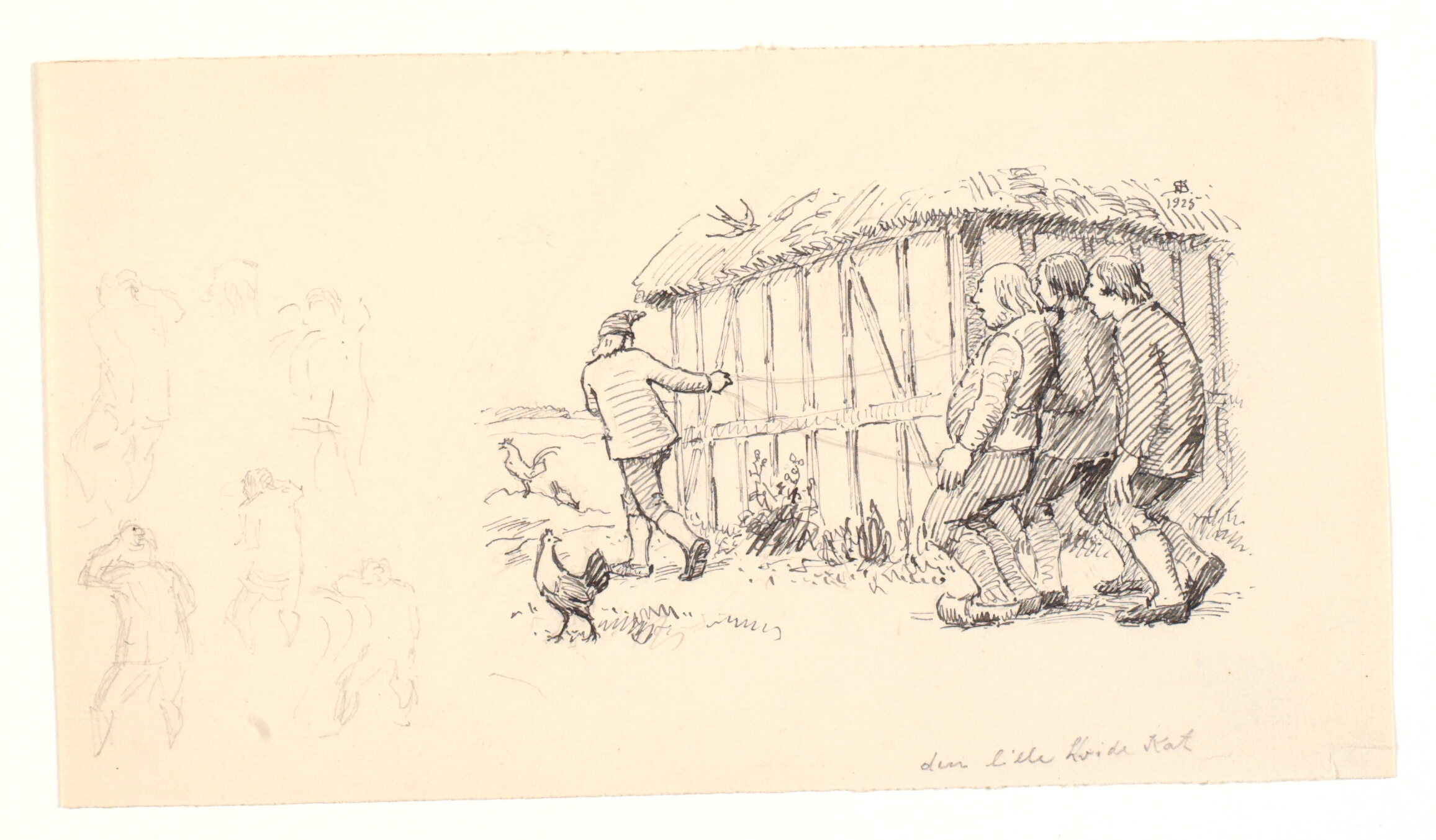 Illustration til Den lille hvide kat samt skitser af gående mænd