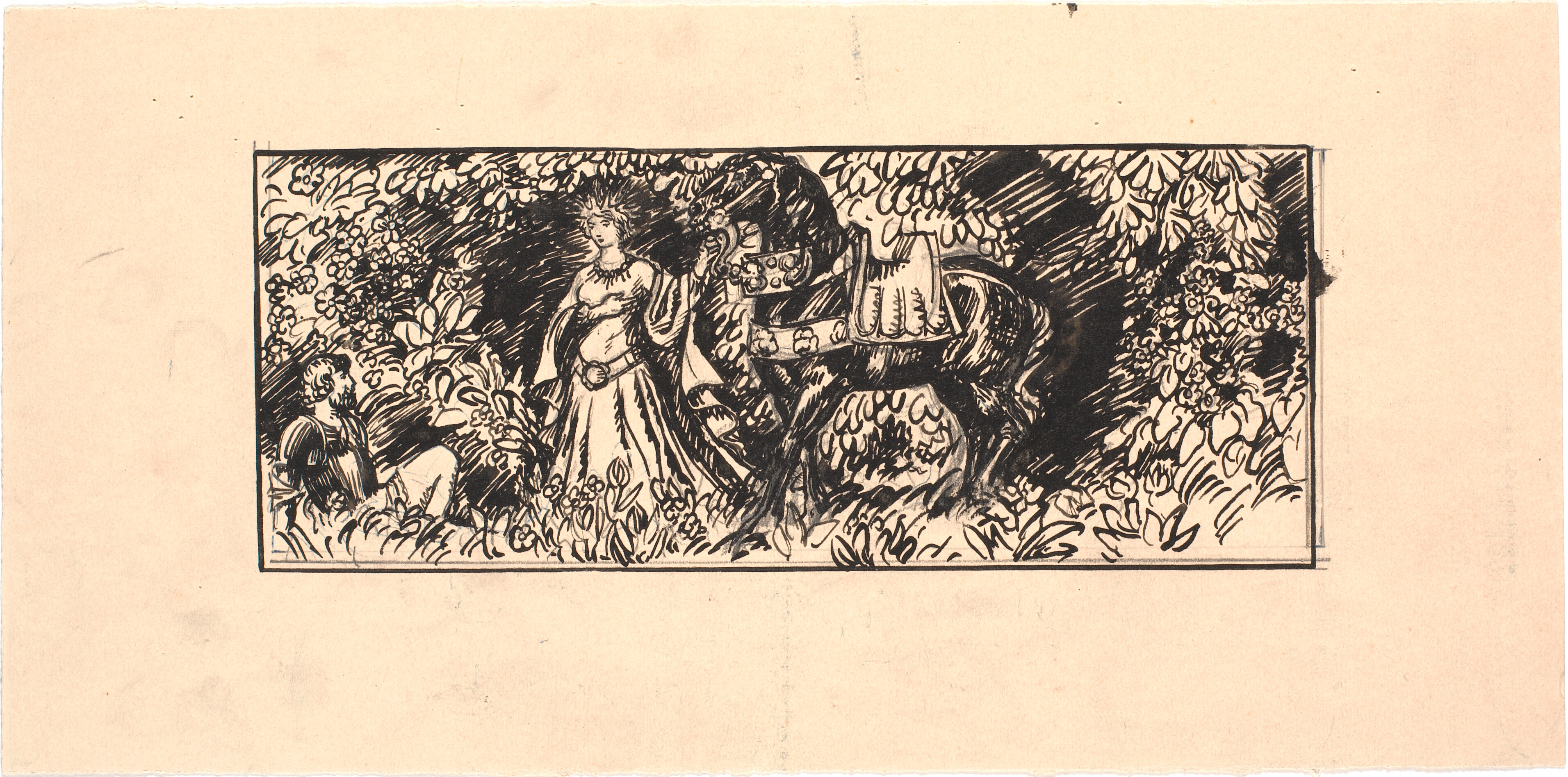 Prinsesse fører sort hest til siddende ridder i skov