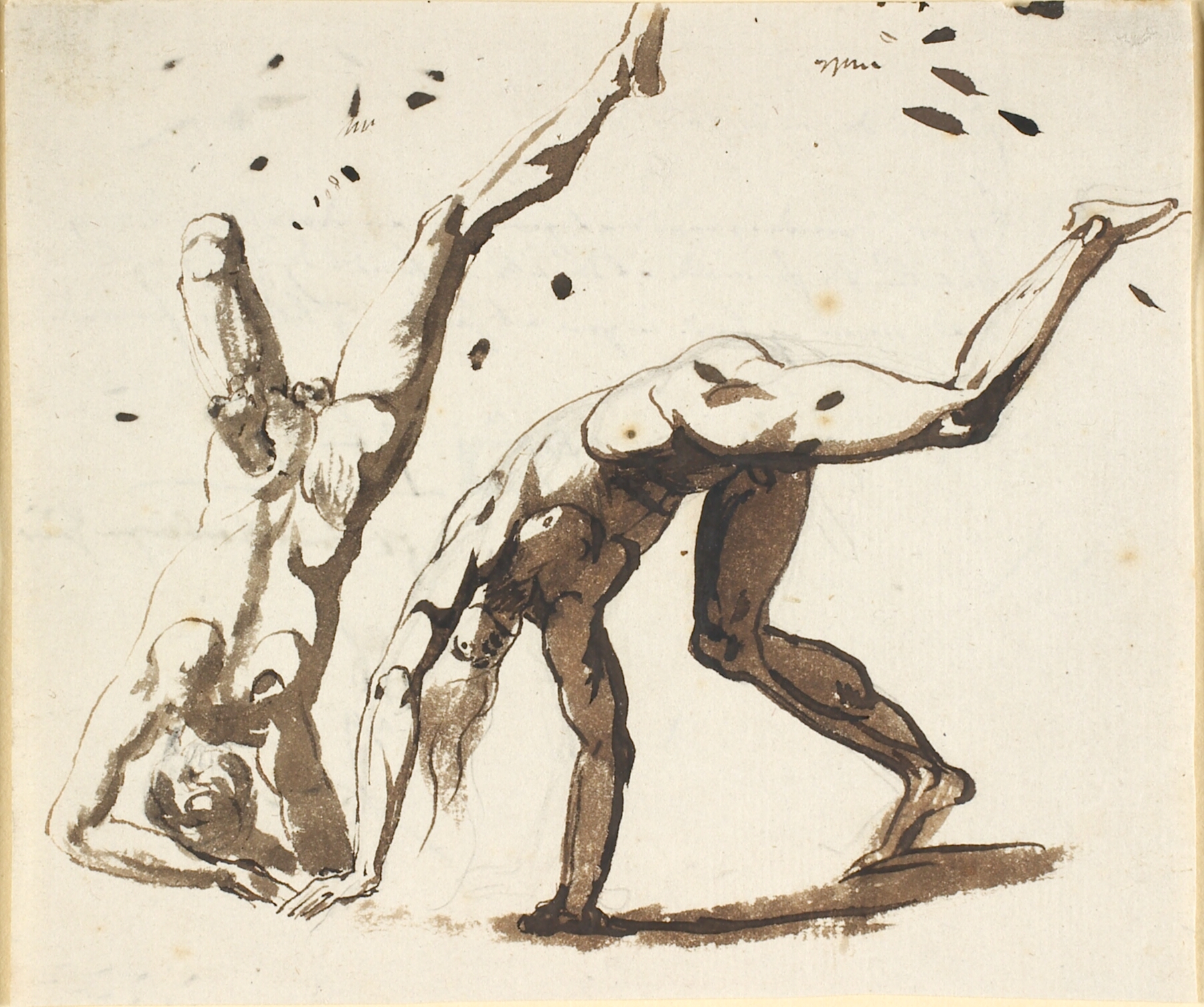 To nøgne mænd der slår vejrmøller, står på hovedet eller lignende