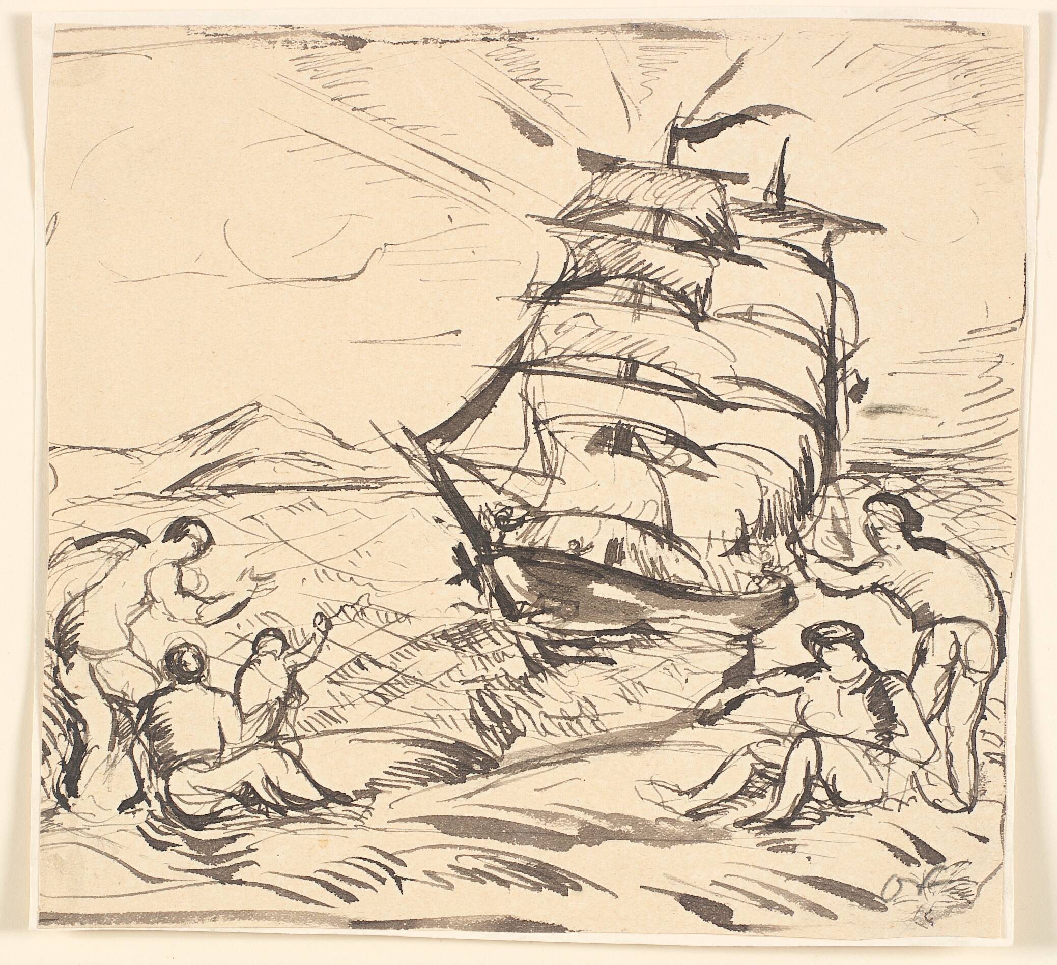 Kystlandskab med sejlskib og gestikulerende figurer