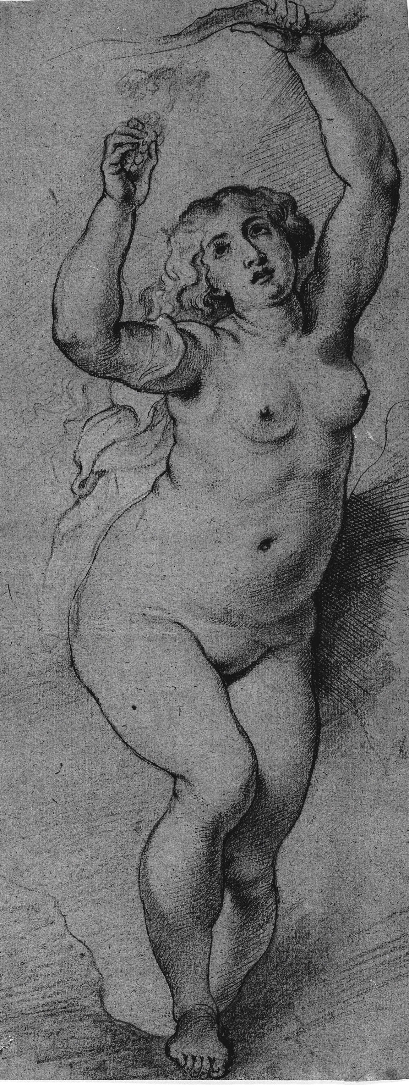 Nøgen kvindefigur med opstrakte arme