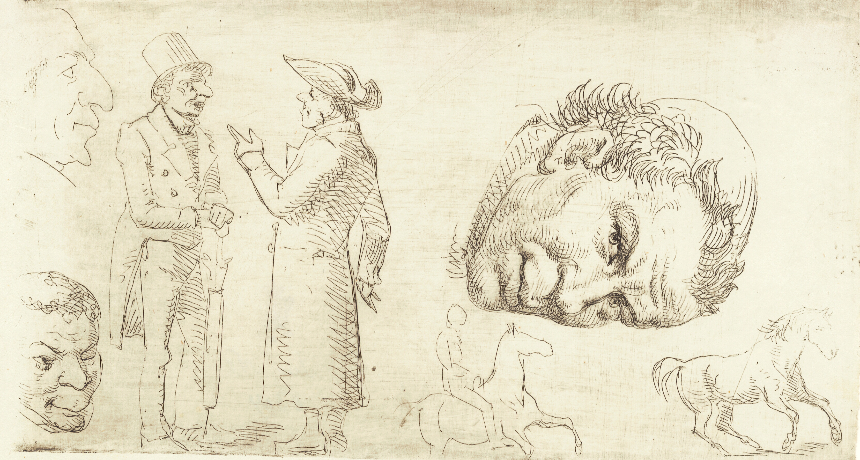 Andet prøveblad i stylografi med munkehoved, heste m.m.