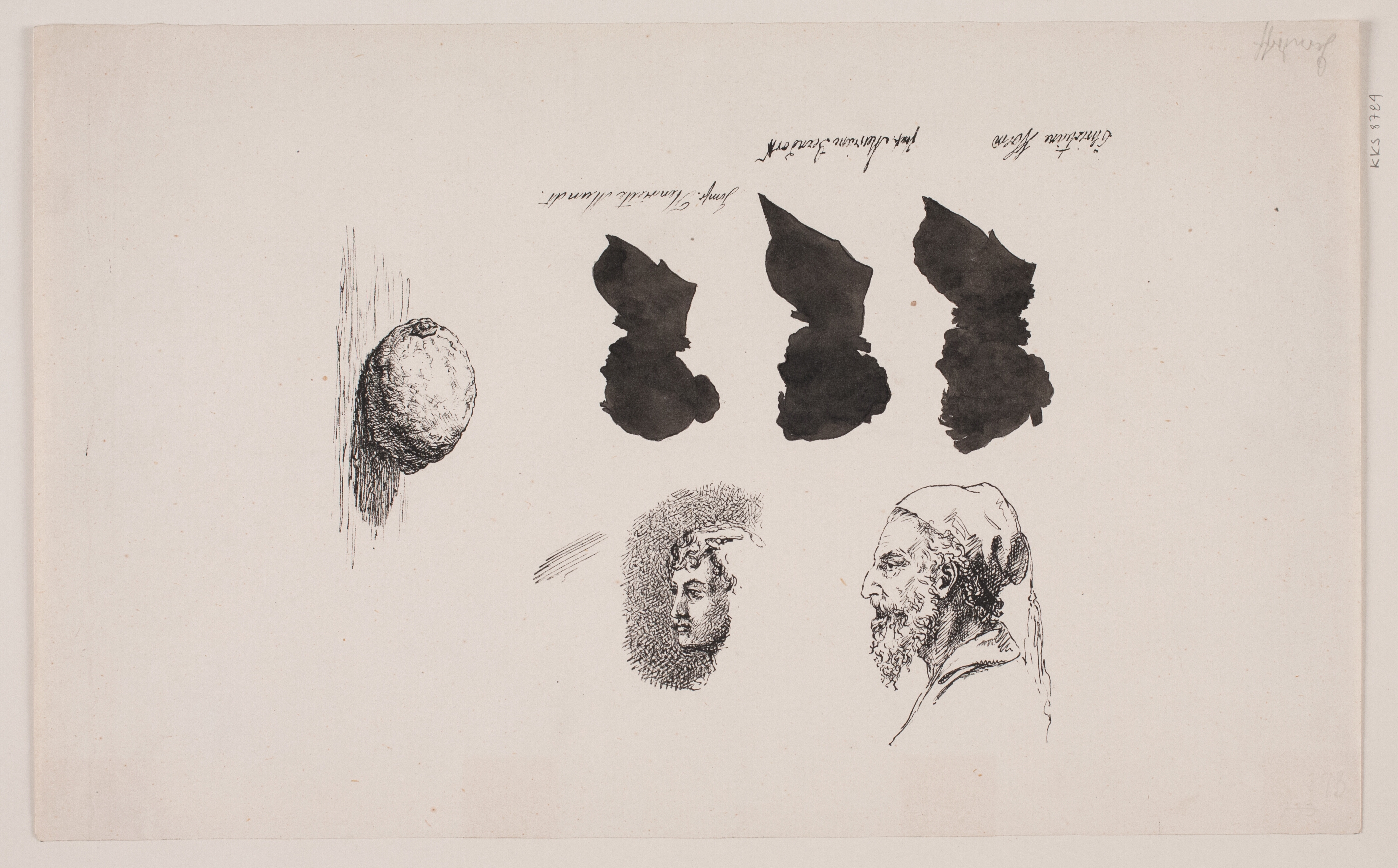 Prøveblad med tre kvindelige silhuetter og to portrætter