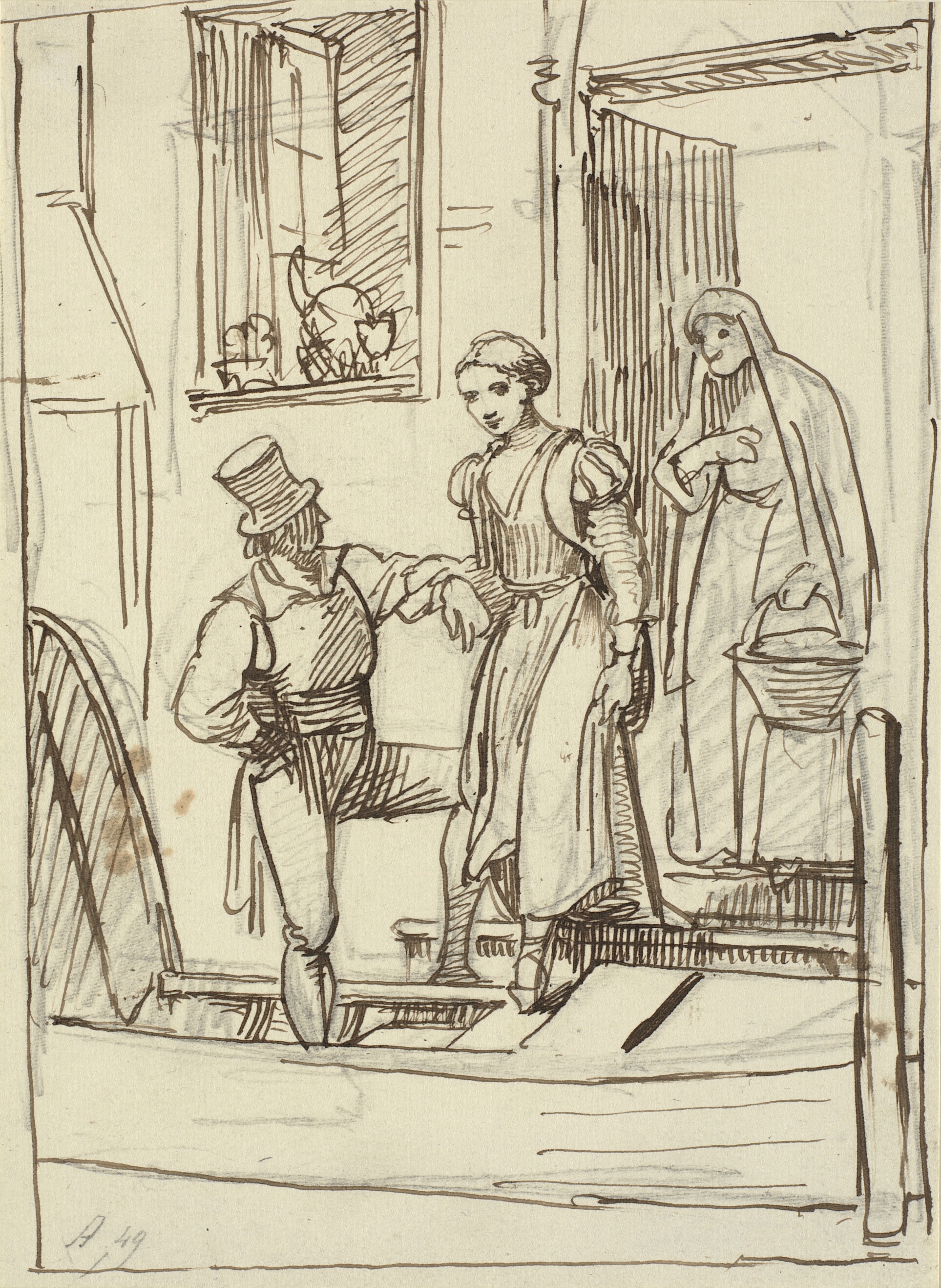 Ung pige og gammel kone hjælpes af en mand ned i en gondol