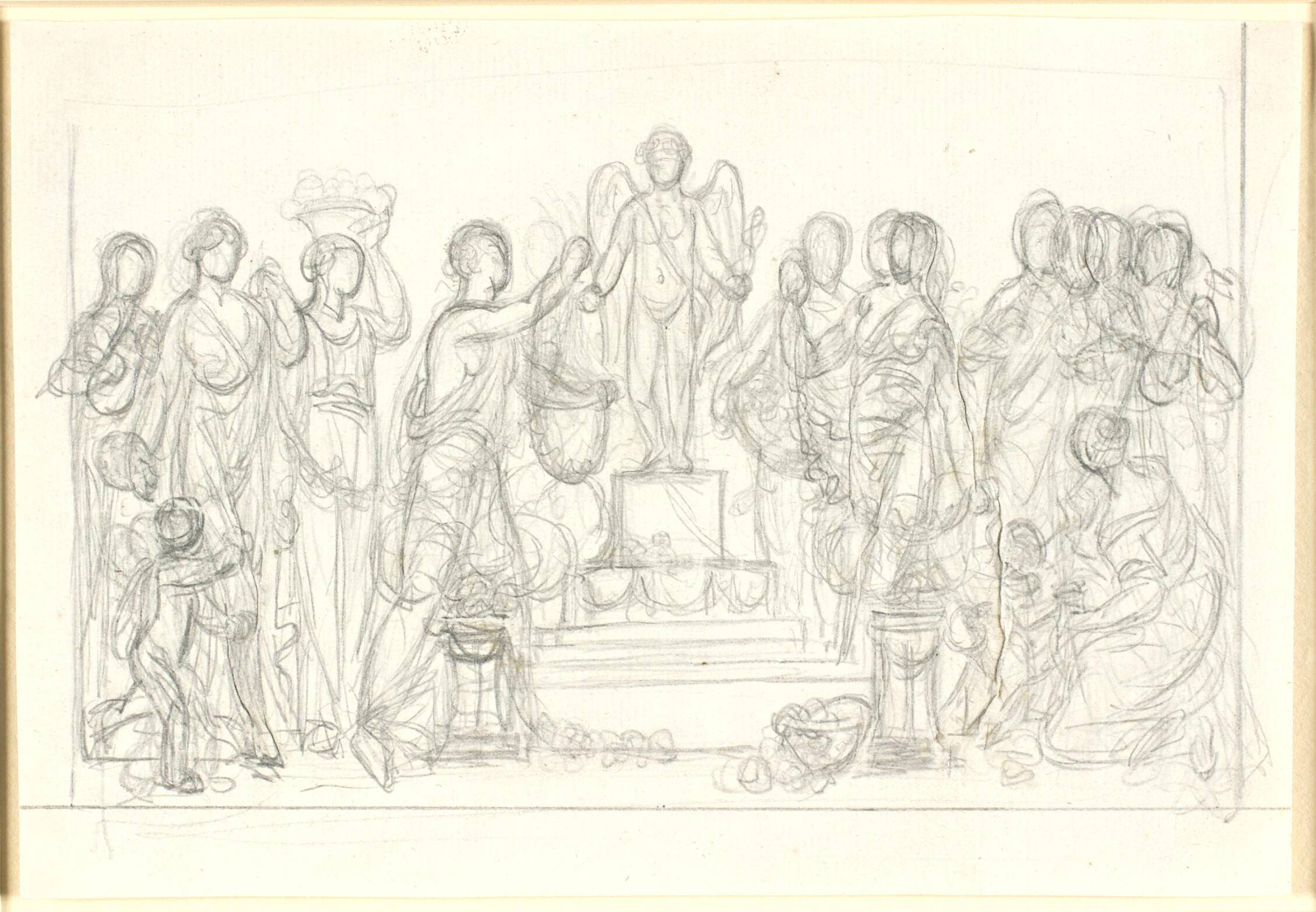 Ofring til Amor. Den vingede Amor på en sokkel, omgivet af talrige figurer