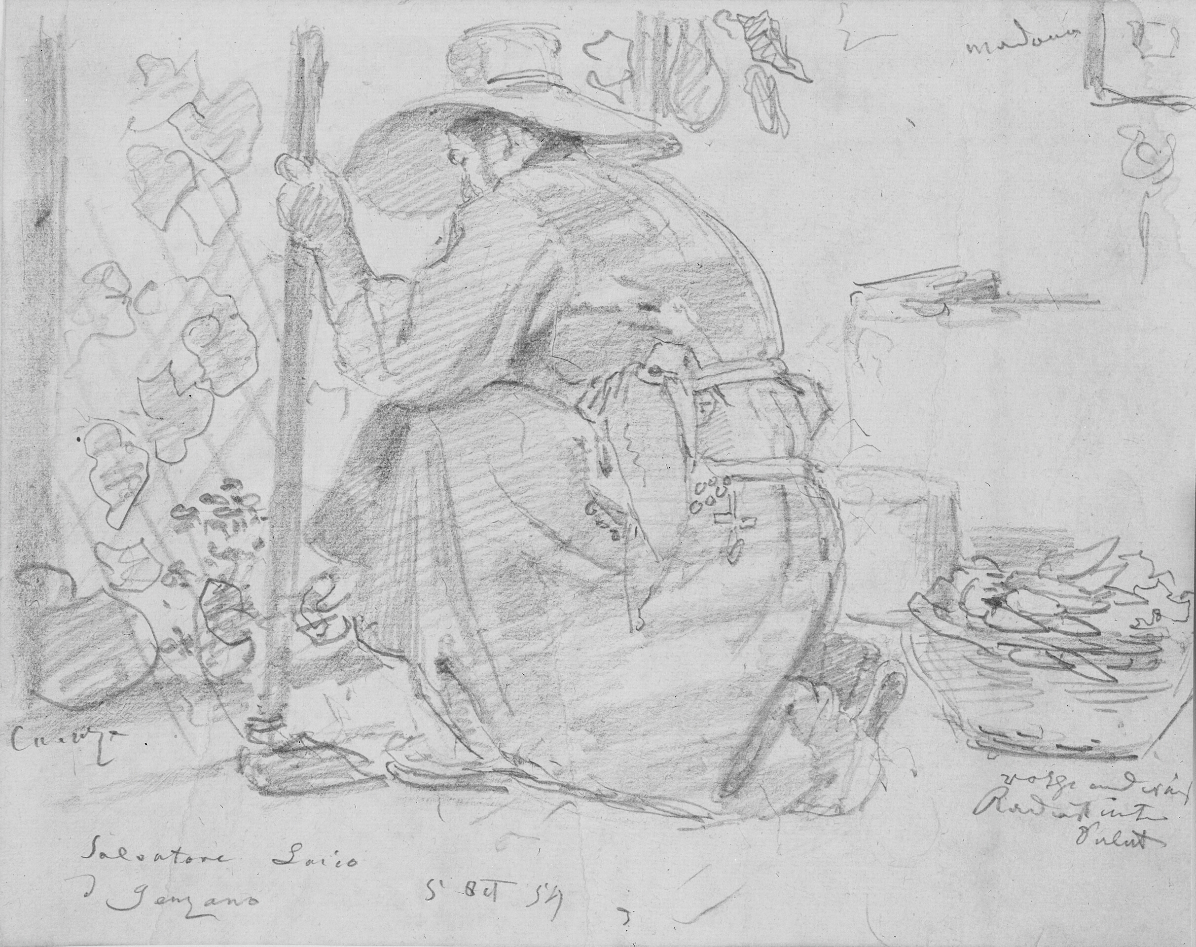 Munk siddende på hug med en hakke i hånden. Salvatore Lacio da Genzano