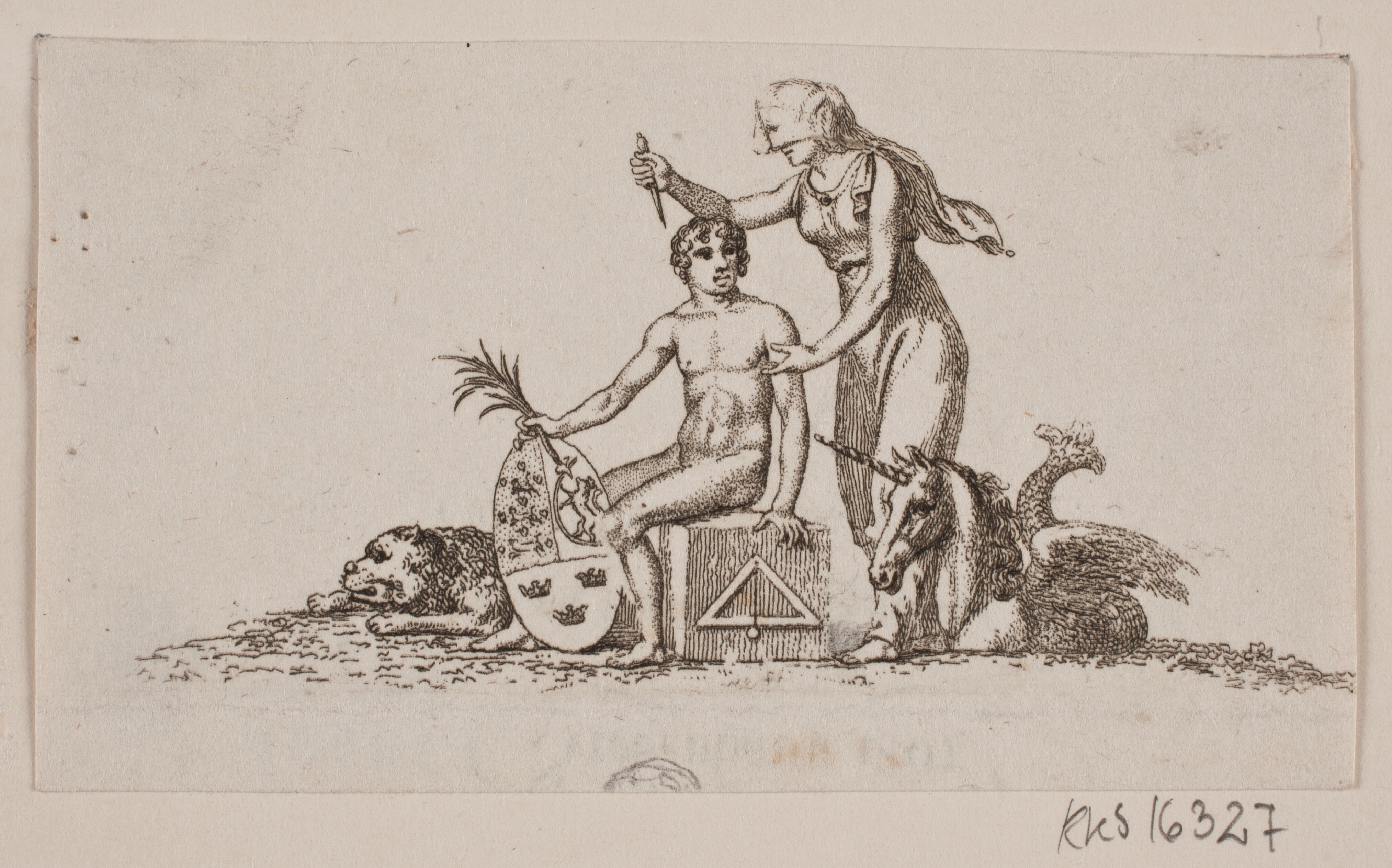 Vignet med kvinde, siddende ung mand og enhjøring