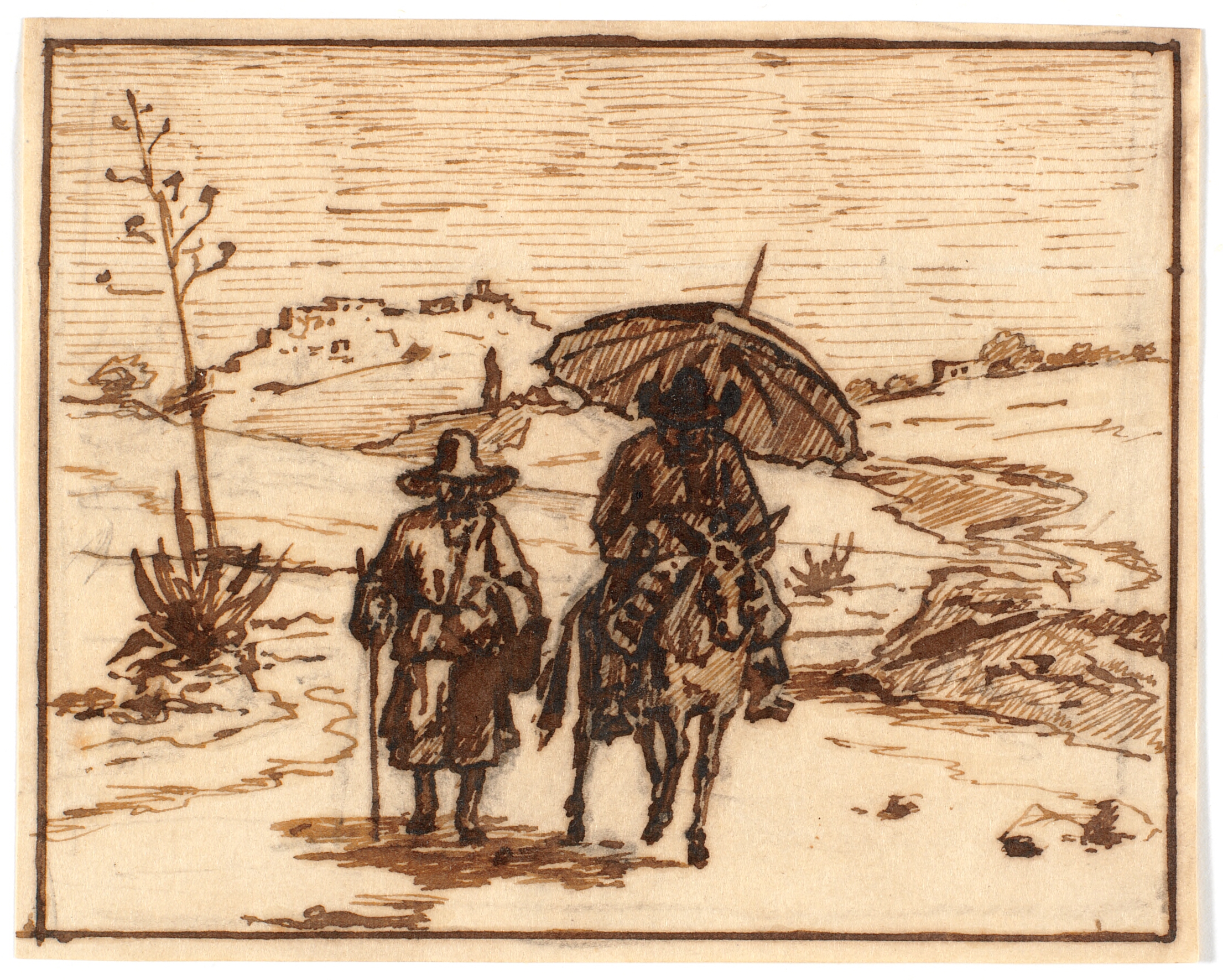 Italiensk landskab med æselrytter og en gående