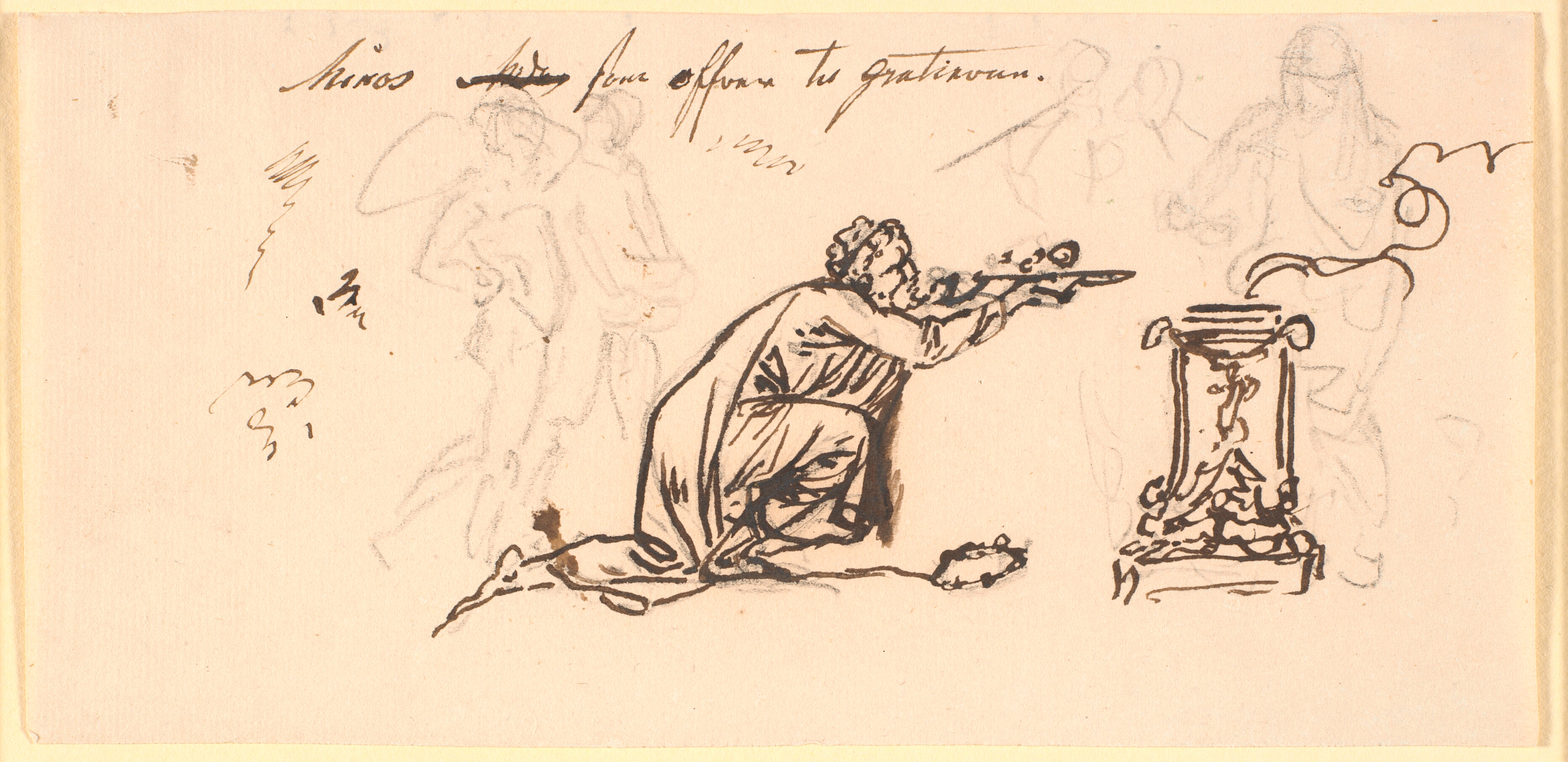 En knælende gammel mand foran et alter