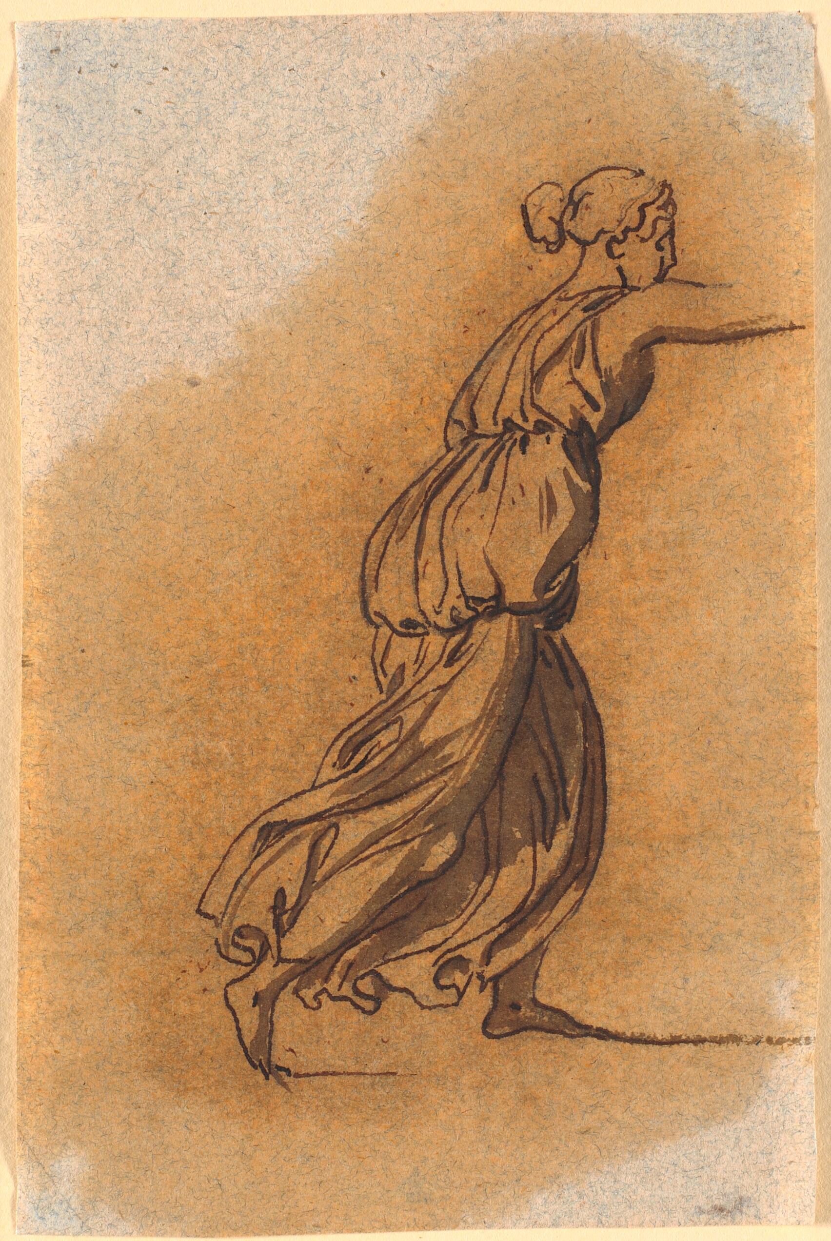 En løbende kvinde med højre arm fremstrakt