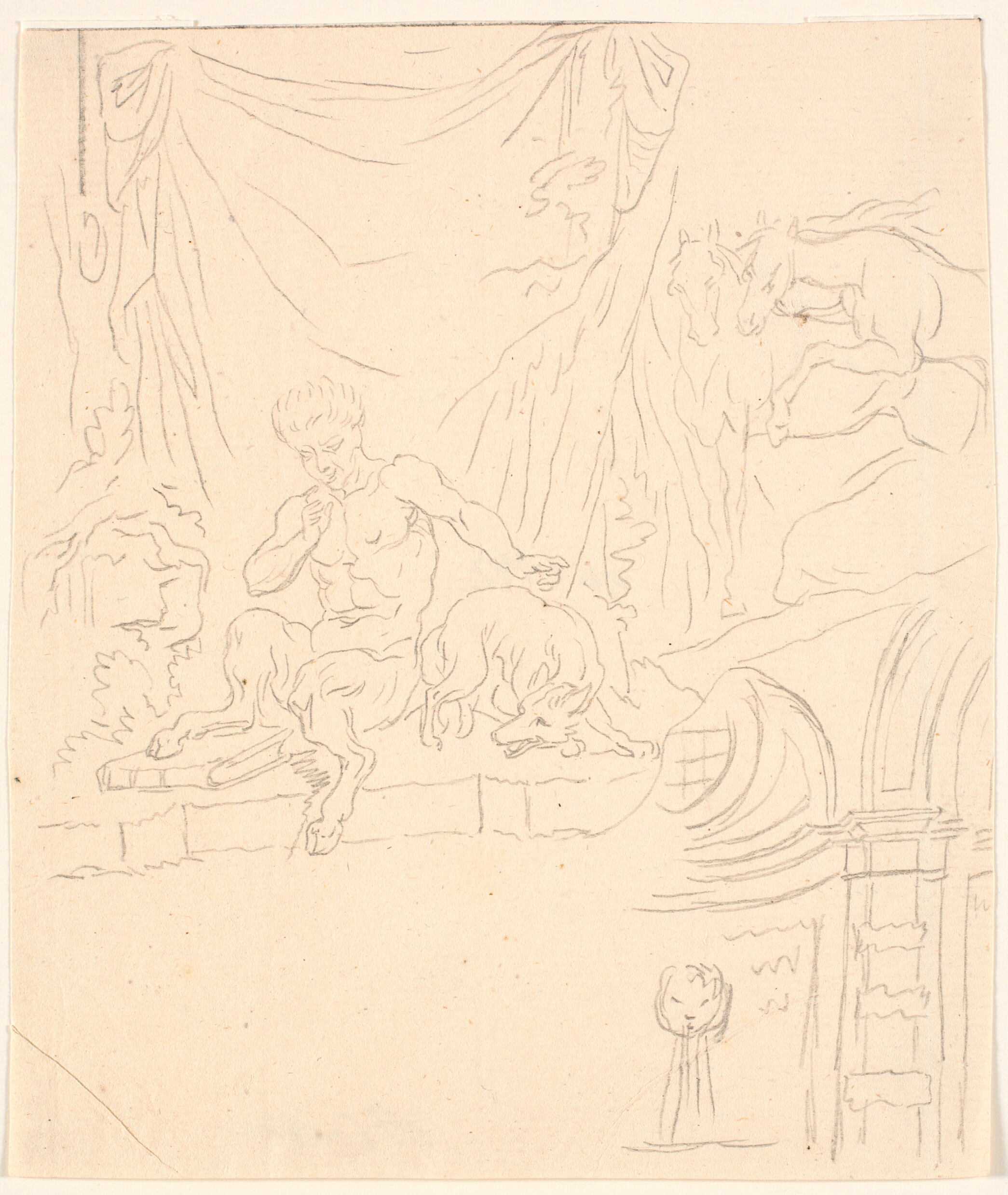 Studieblad; bl.a. siddende faun og et hestepar