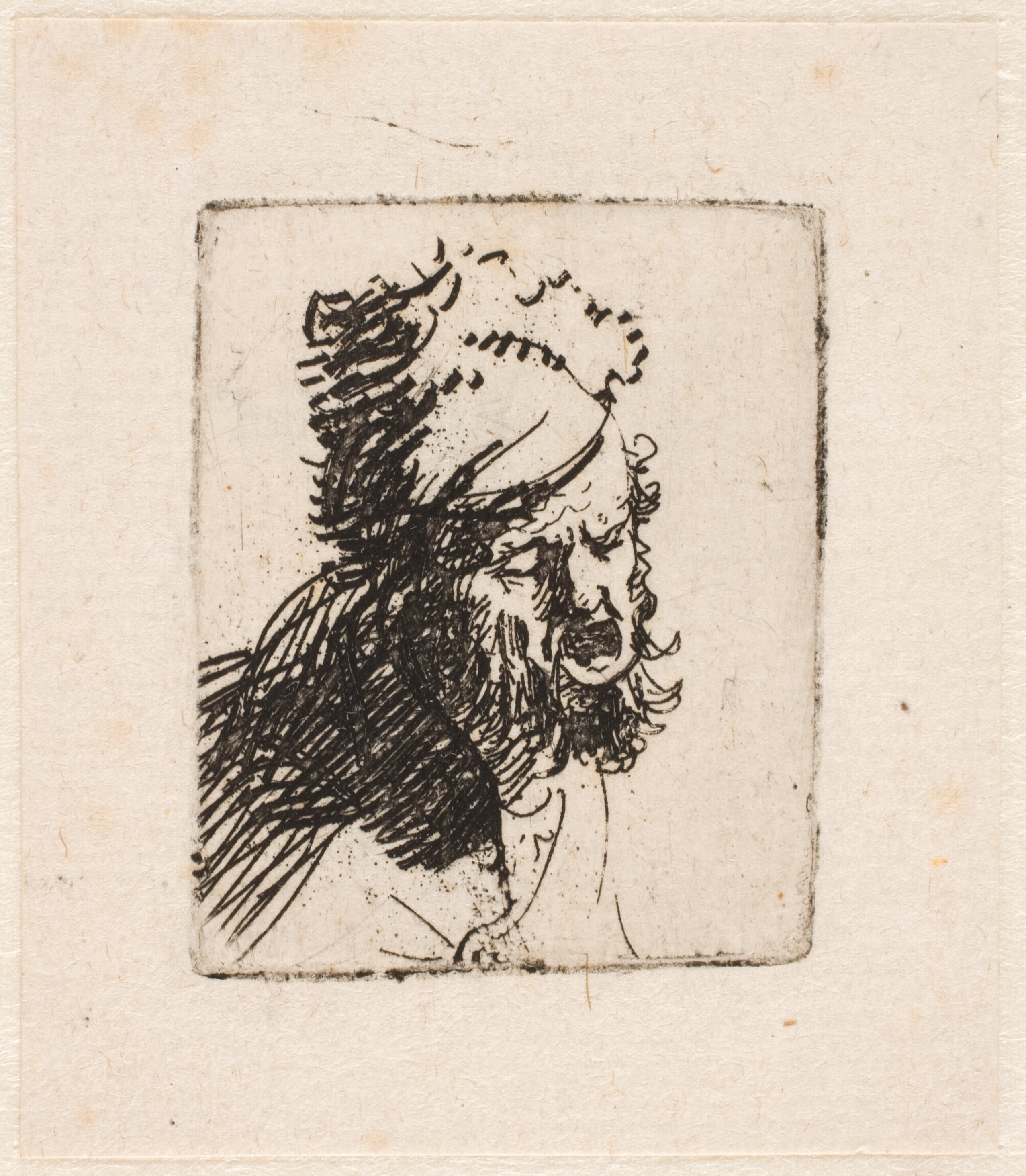 Hoved af råbende mand med pelshue