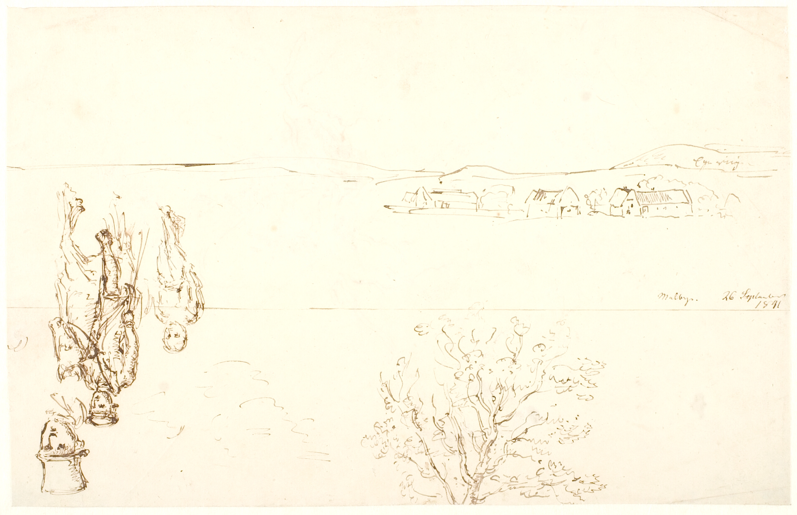 Studie af rytter o.a. samt landskab med nogle gårde, i baggrunden store bakker