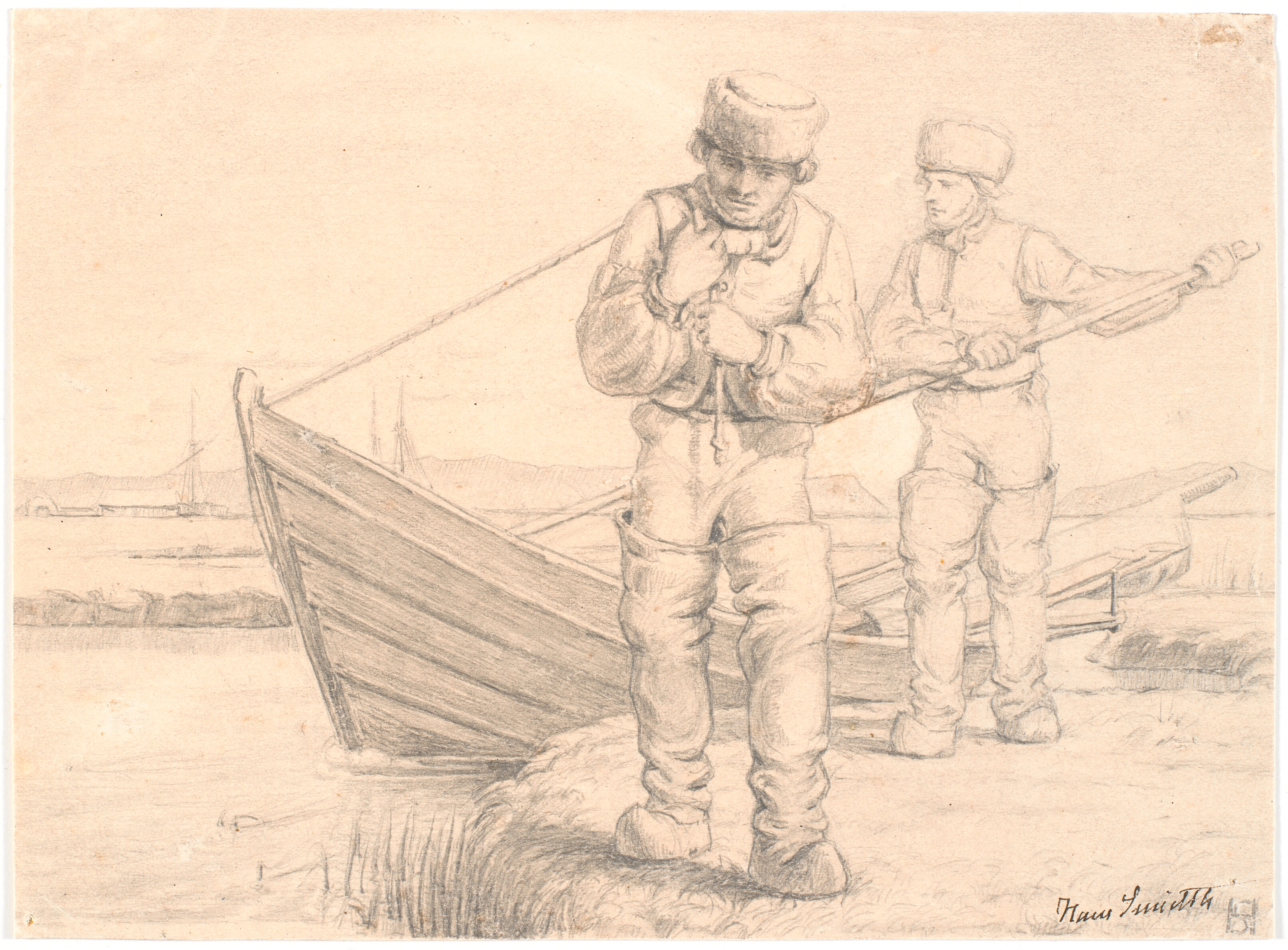 To limfjordsfiskere, der trækker en båd