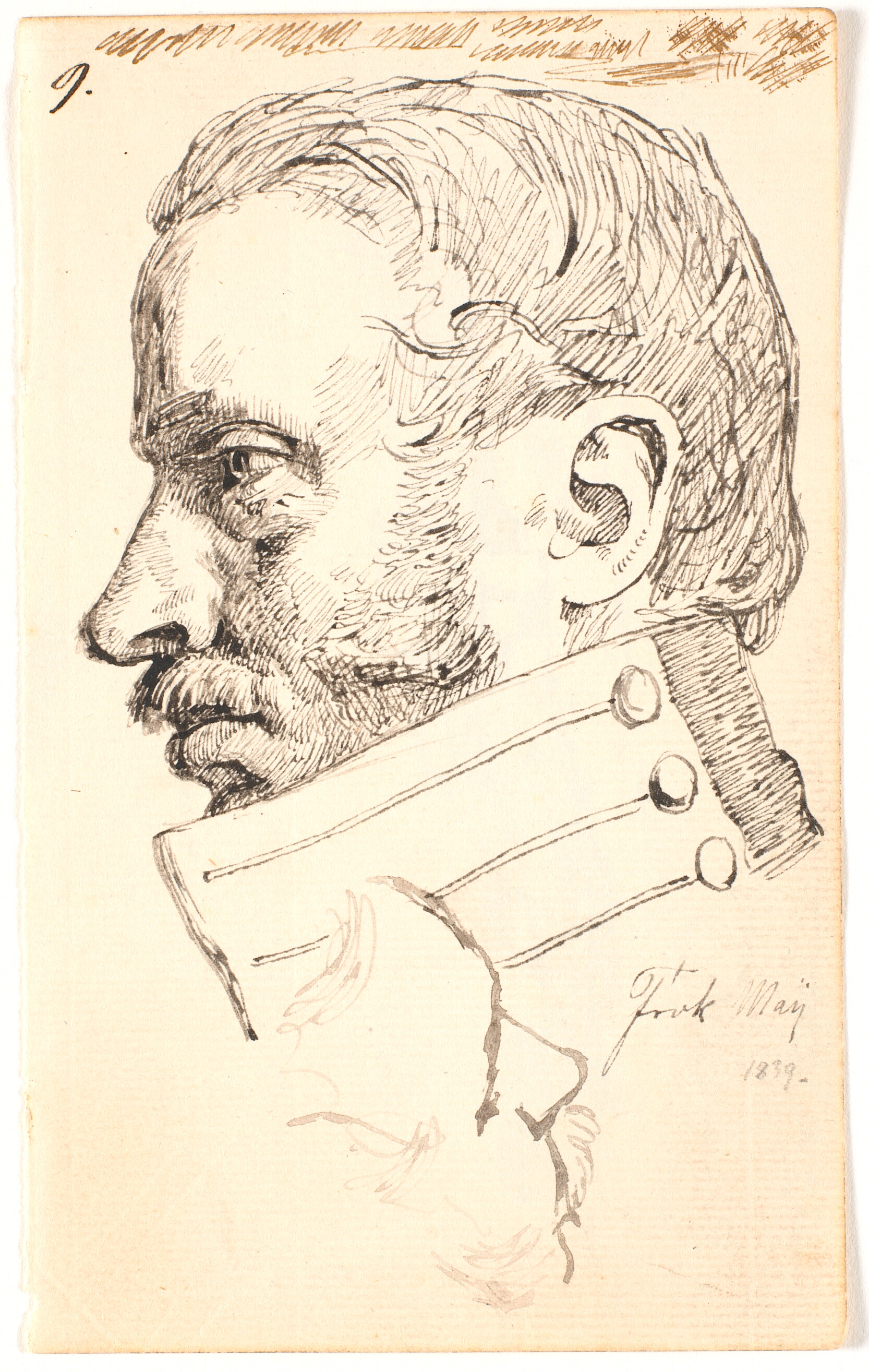 Kunstnerens bror Christen Carl Lundbye, brystbillede, profil t.v. Foroven løs skitse af samme person set halvt fra oven.